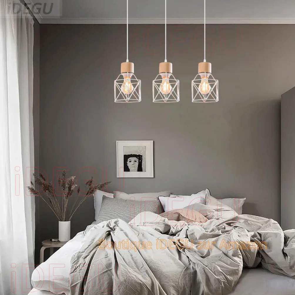 iDEGU 3 Luci Lampadario a Sospensione Vintage E27 Plafoniera Industriale in Legno Metallo Gabbia Lampada da Soffitto Retrò Lampade a Sospensione per Cucina Salotto Cameretta (Bianco, Legno, Barra)