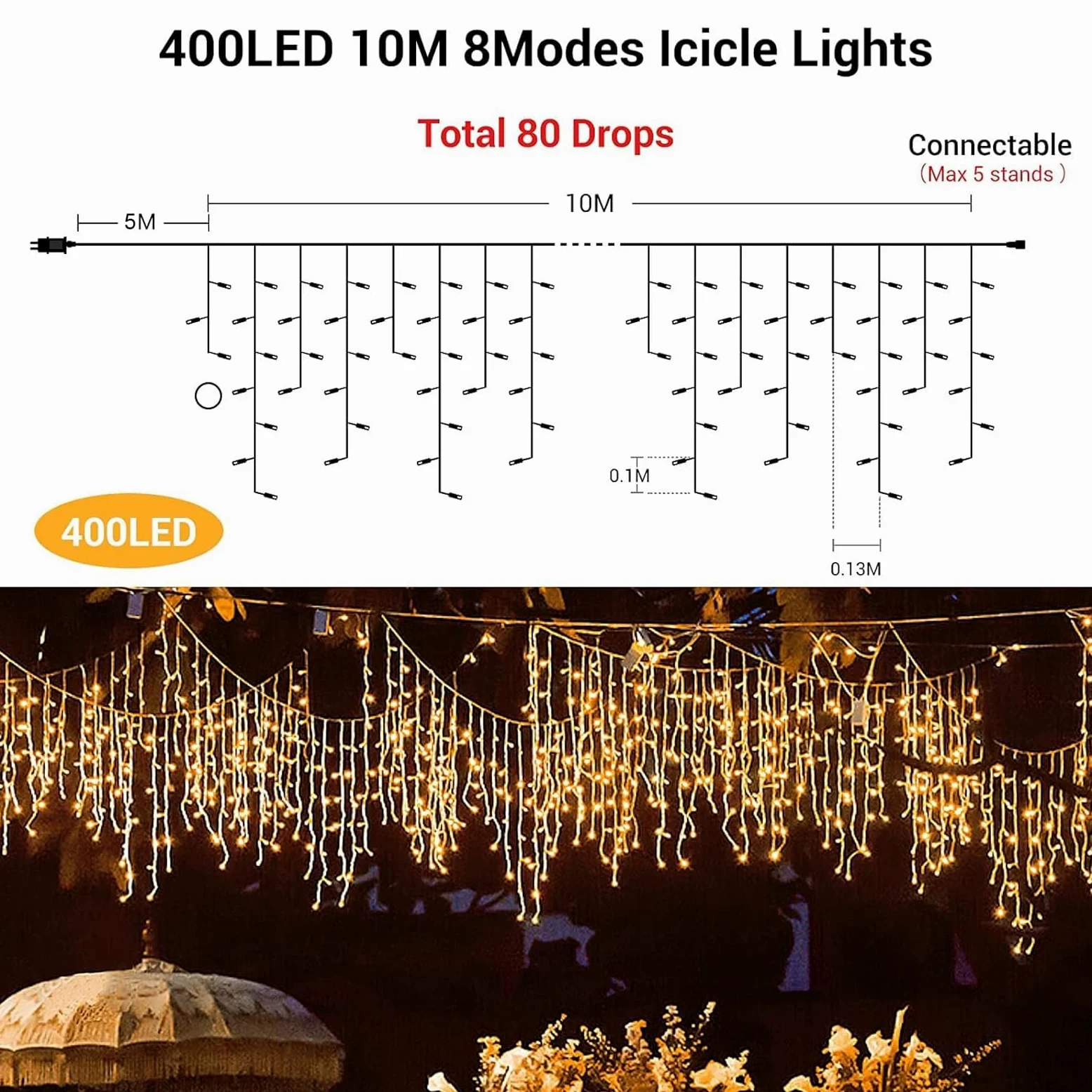 GlobaLink Tenda Luminosa Esterno 10M 400LED, Catena Luminosa Esterno IP44 Impermeabile, Luci Natale Esterno Luci Cascata 8 Modalità Luce per Natale, Gronda, Patio, Giardino, Matrimonio con 25 Flange