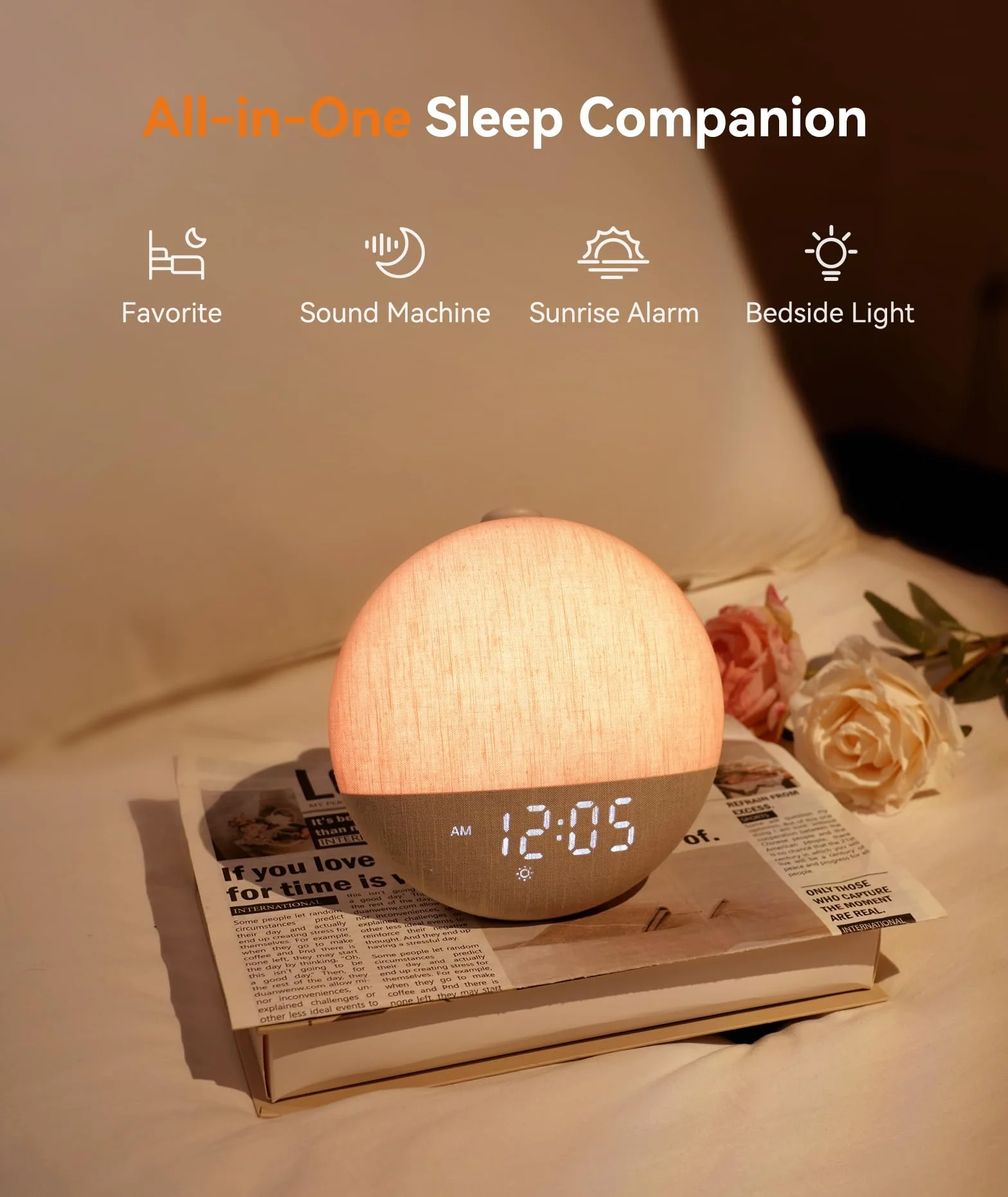 Dreamegg Sveglia Luminosa con Modalità Preferiti, Lampada da Comodino con Sveglia, 0-20 Livelli di Luminosità, 29 Tracce di Rumore Bianco per Adulti e Bambini, Funzione Snooze, per Camera da letto
