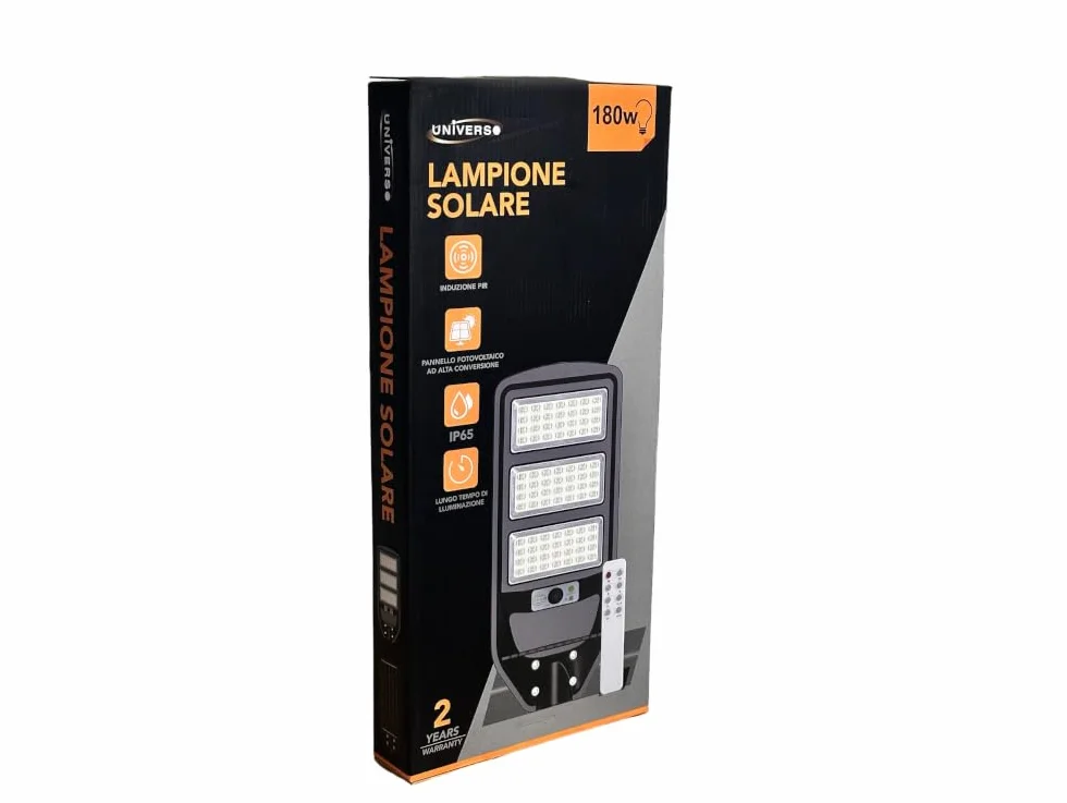 UNIVERSO J02-180W-F LAMPIONE STRADALE LED 180W EQUIVALENTI CON PANNELLO SOLARE FOTOVOLTAICO E SENSORE DI MOVIMENTO IP65 1800 LUMEN