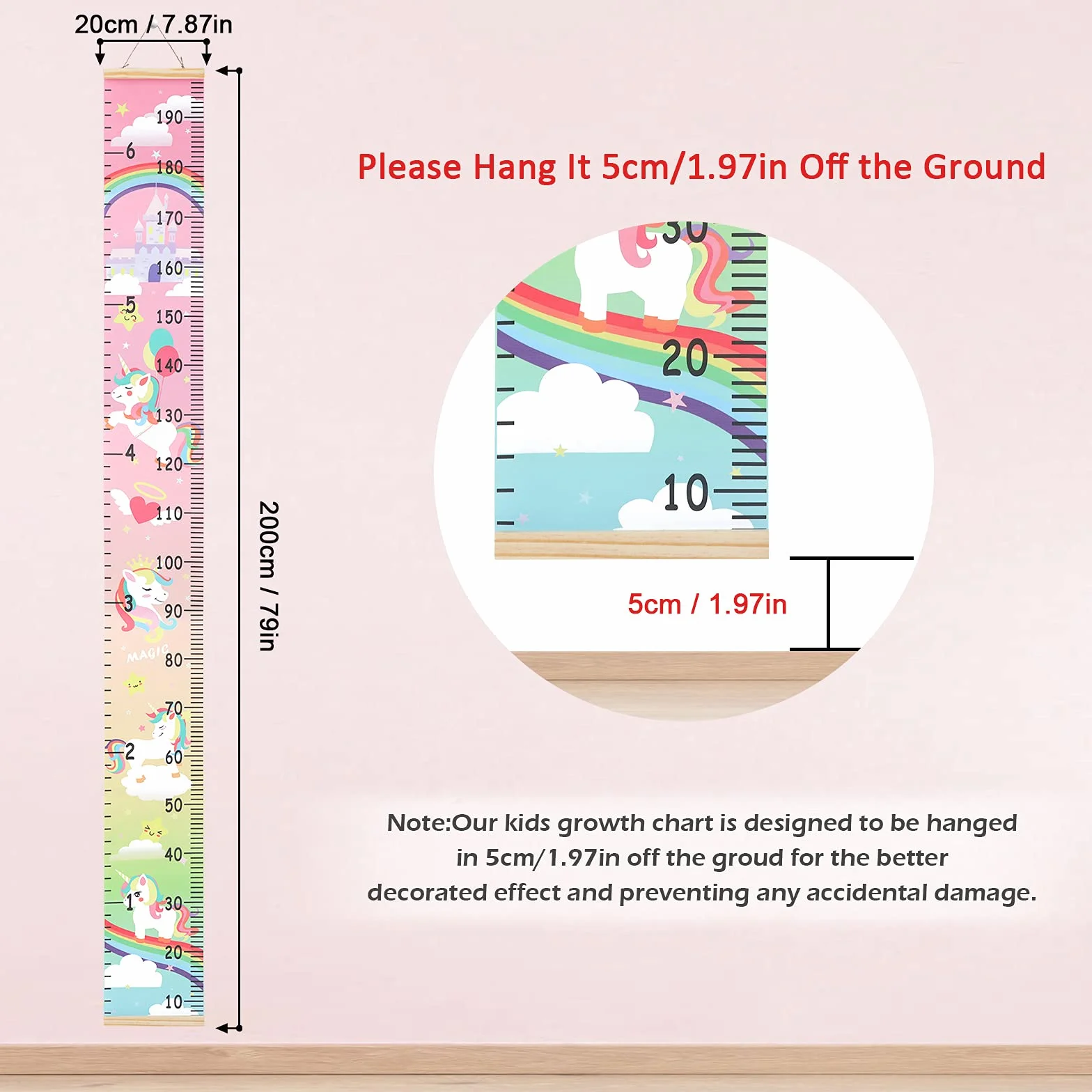 HIFOT Bambini Altezza Crescita Grafico Misurazione Unicorno Tela Decorazione Parete 190 x 20 cm