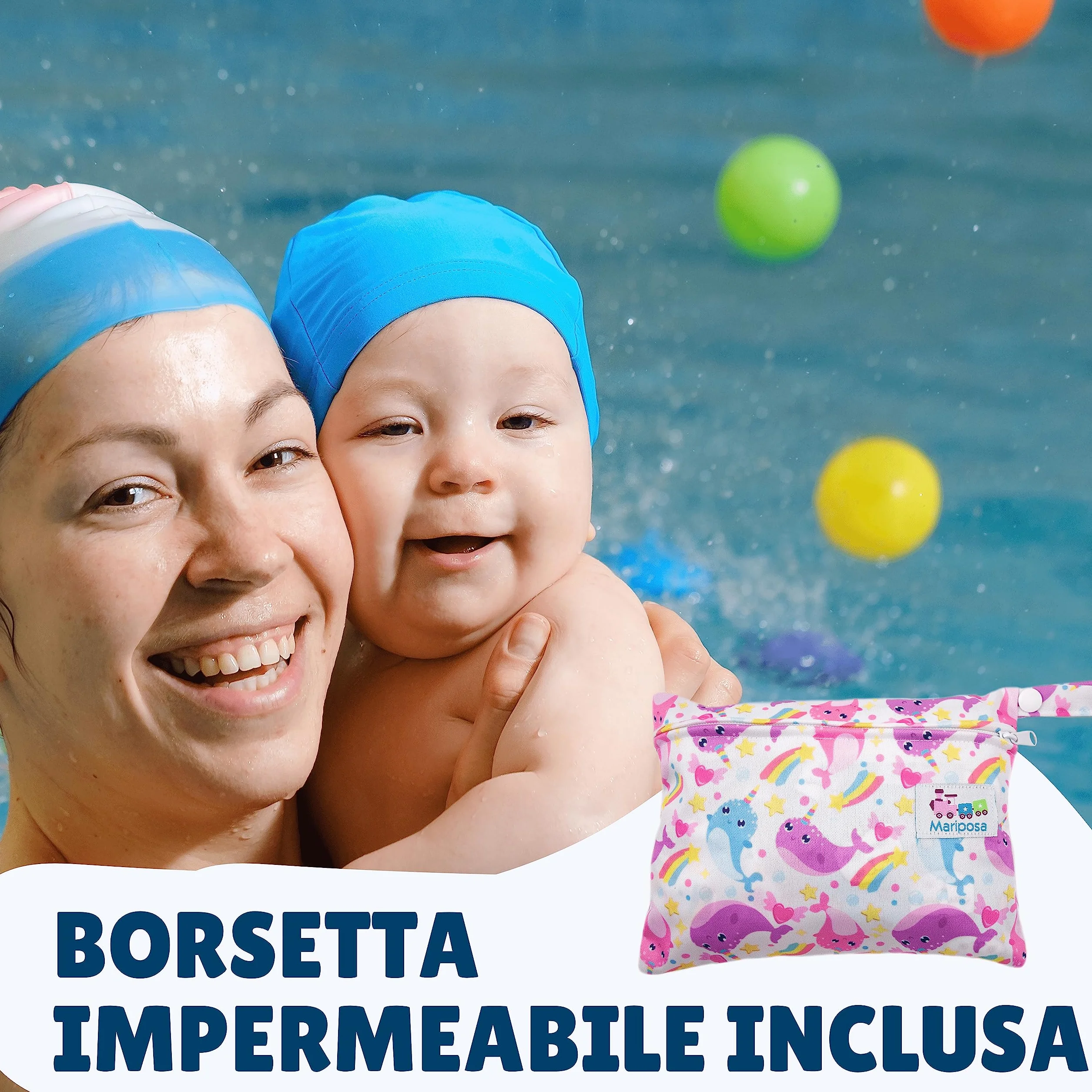 Pannolini Costumino Contenitivo Neonata per Piscina e Mare Lavabile Riutilizzabile Regolabile fino a 2 anni con Borsetta Impermeabile