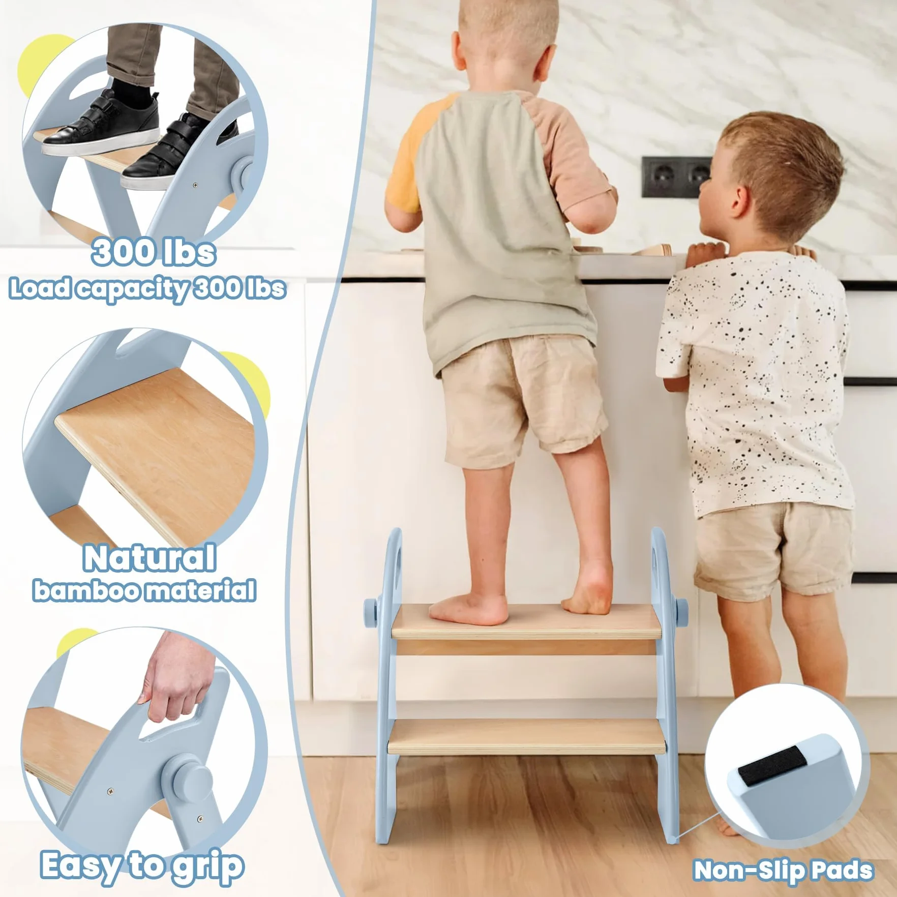 Sgabello di Legno per Bambini 2 Gradini Pieghevole, Capacità 130 kg con Tappetino Antiscivolo e Maniglie, Blu