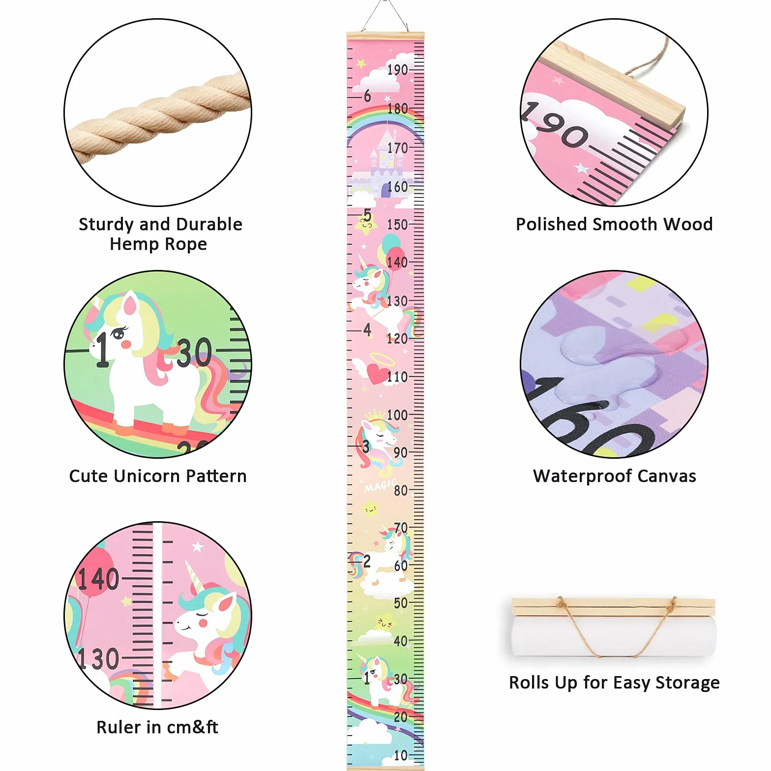 HIFOT Bambini Altezza Crescita Grafico Misurazione Unicorno Tela Decorazione Parete 190 x 20 cm