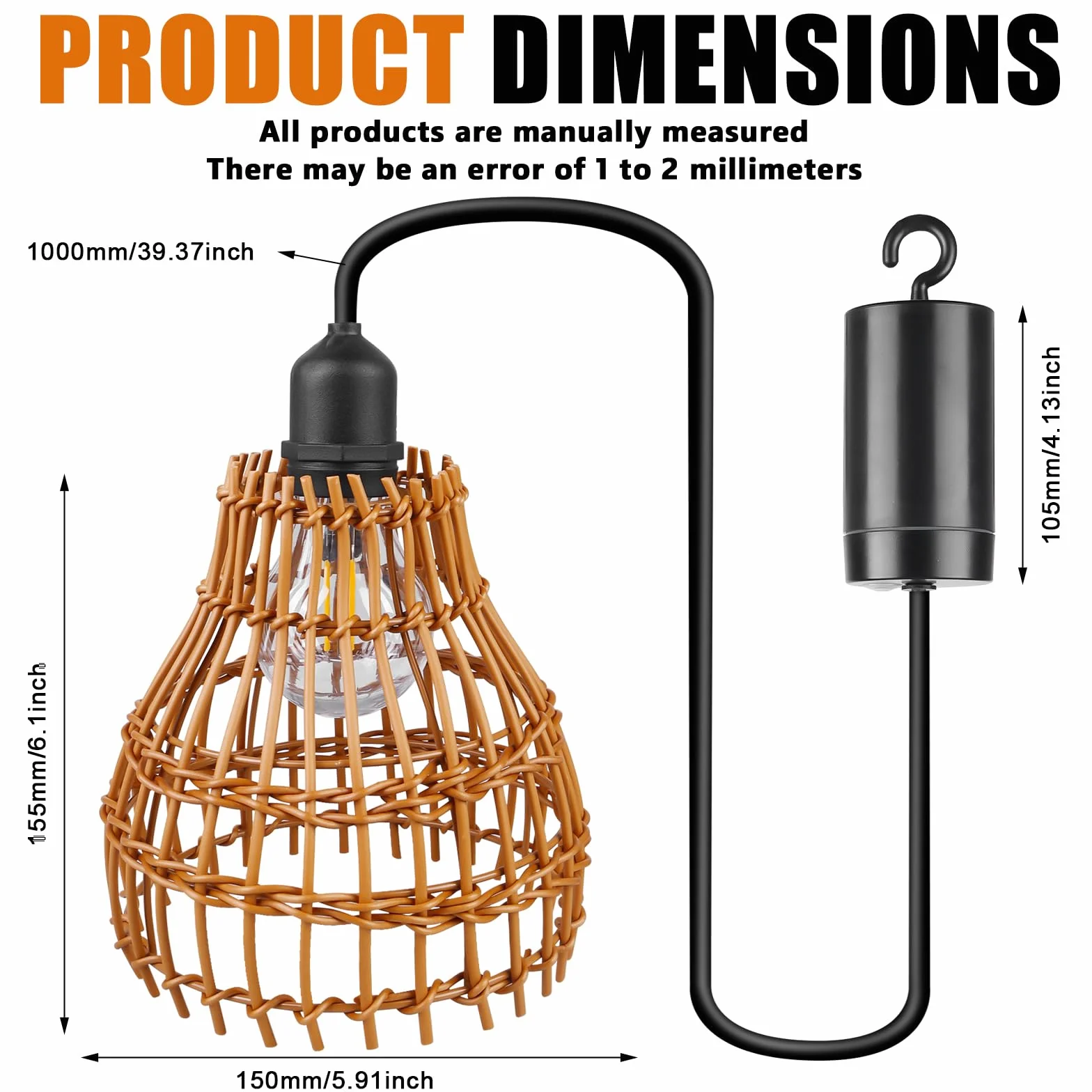 Lampada a sospensione in rattan: 2 pezzi a batteria, lampada a sospensione boho con telecomando, per esterni, per giardino, esterni, per terrazze e gazebo
