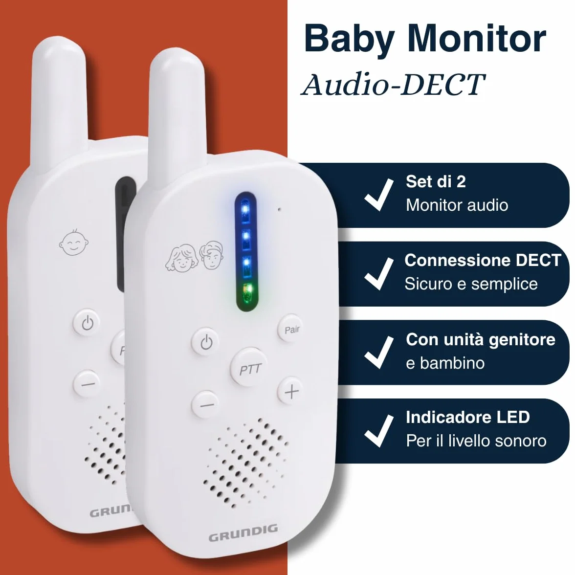 Grundig Baby Monitor Audio DECT Komunikacja Bidirekcyjna LED Dźwięku Baterie Biały