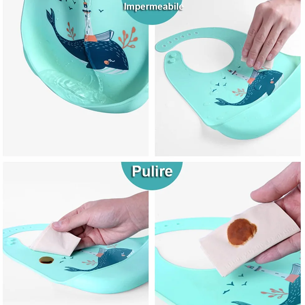 Bavaglino Silicone Impermeabile con Tasca Lavabile per Bambini 6 Mesi-6 Anni