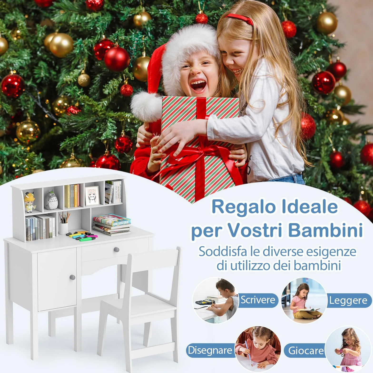 RELAX4LIFE Set Tavolo e Sedia per Bambini, Scrivania da Studio con Scaffale e Armadio, Bianco