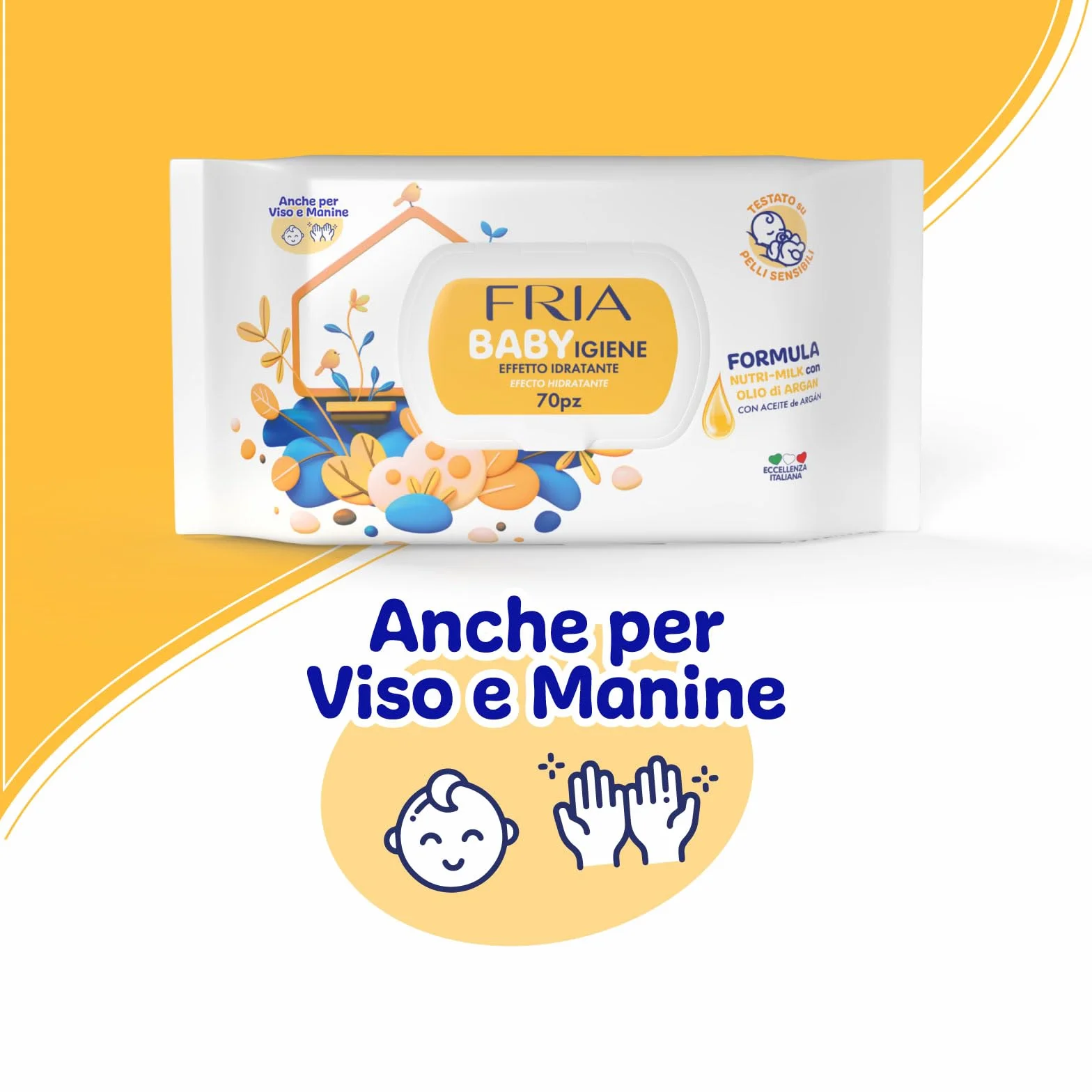 Fria Baby Salviette per Cambio Pannolino con Olio di Argan e Nutrimilk, Idratanti, 70 Pezzi