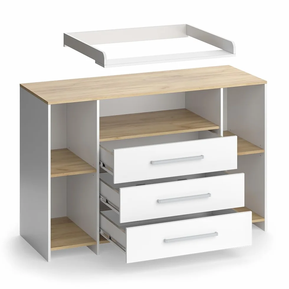 Vicco Fasciatoio Oskar, Rovere bianco/dorato, 143.2 x 93 cm, 3 cassetti, area di appoggio estensibile