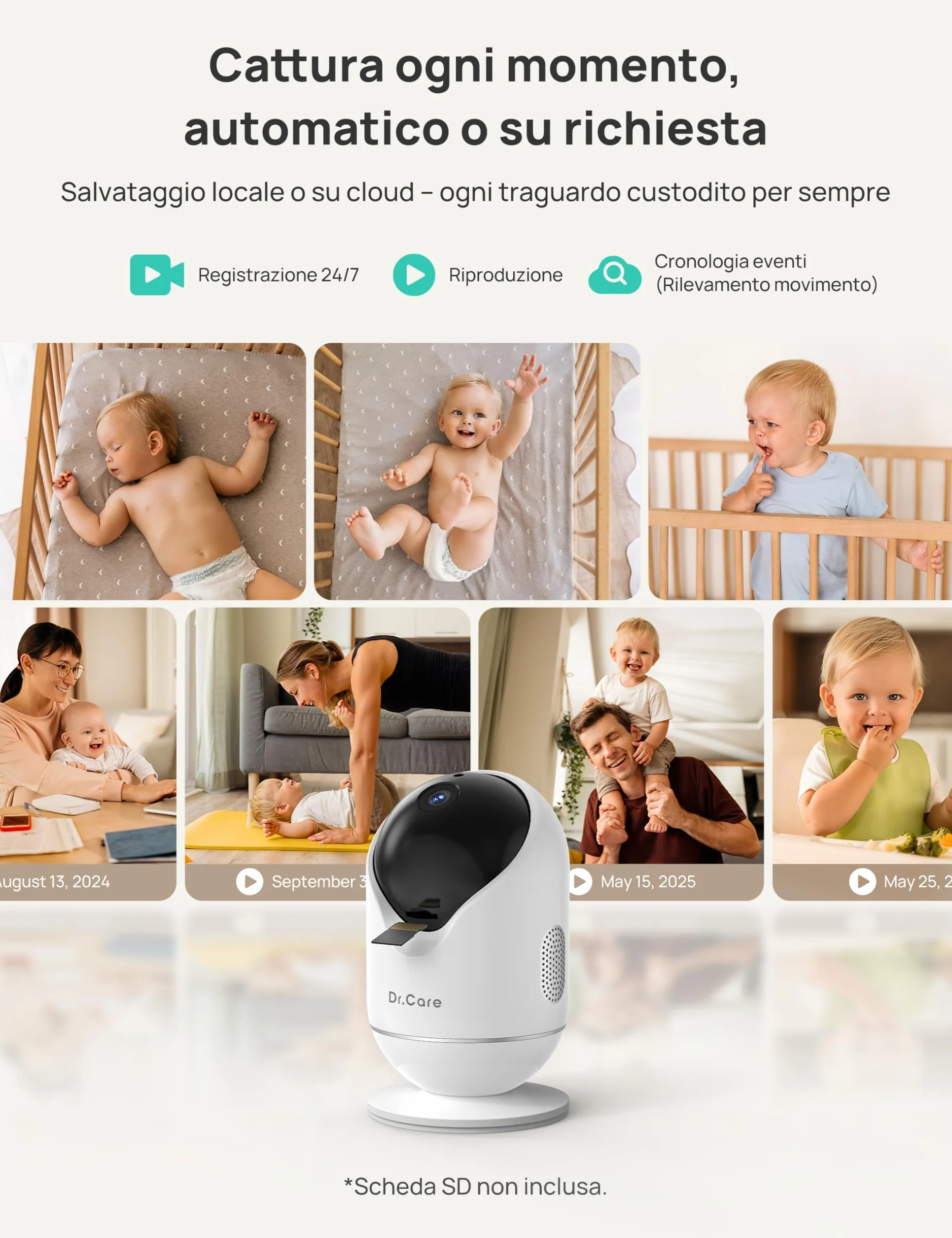 Dr.Care VistaView Baby Monitor WiFi 5” 1080P Schermo Diviso 2K/3MP Telecamera APP Mobile 5000mAh Batteria HD Visione Notturna Allarmi Pianto Movimento Audio Bidirezionale 390m