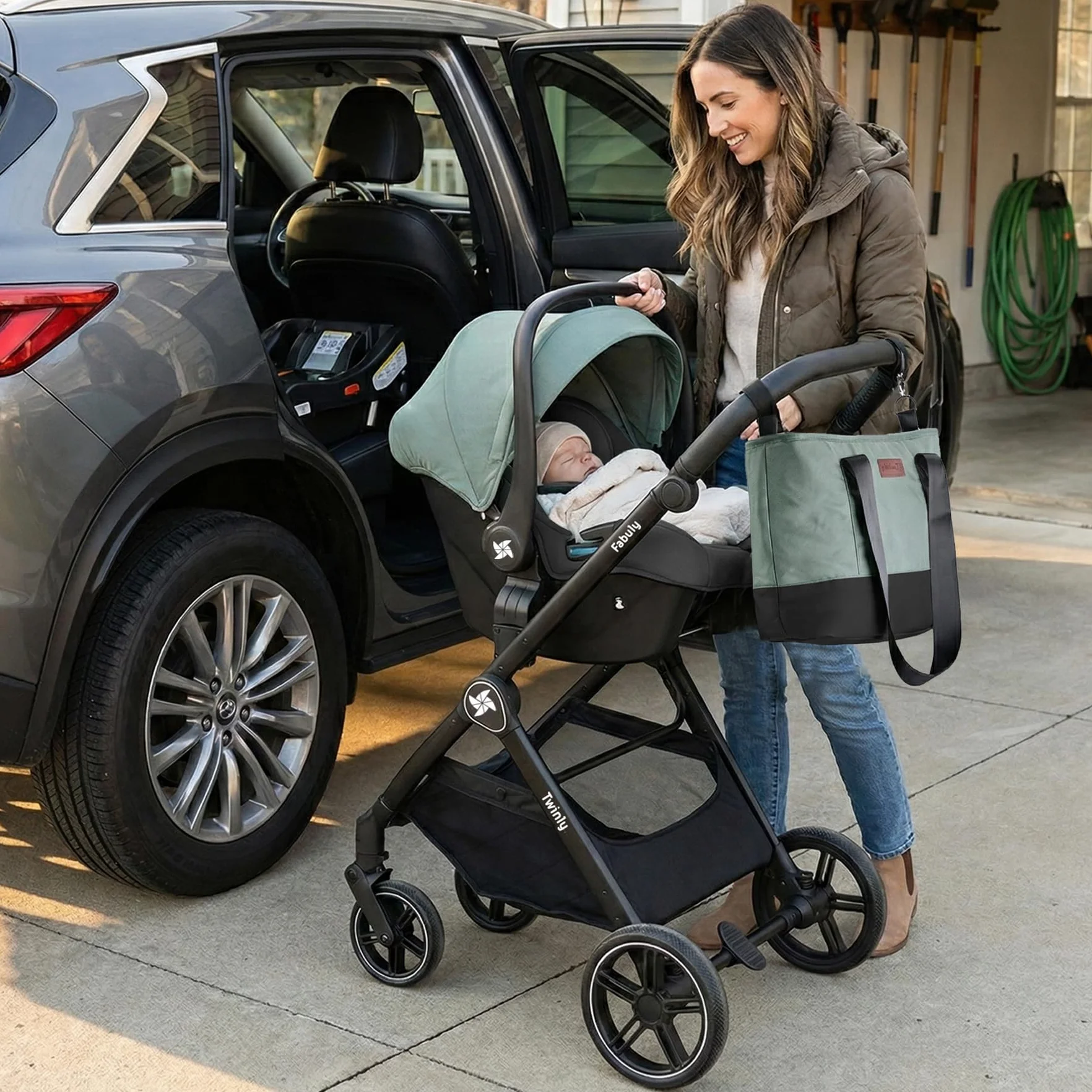 Passeggino Trio 3 in 1 Sistema Modulare Carrozzina Neonati Ovetto Auto Verde 25 kg