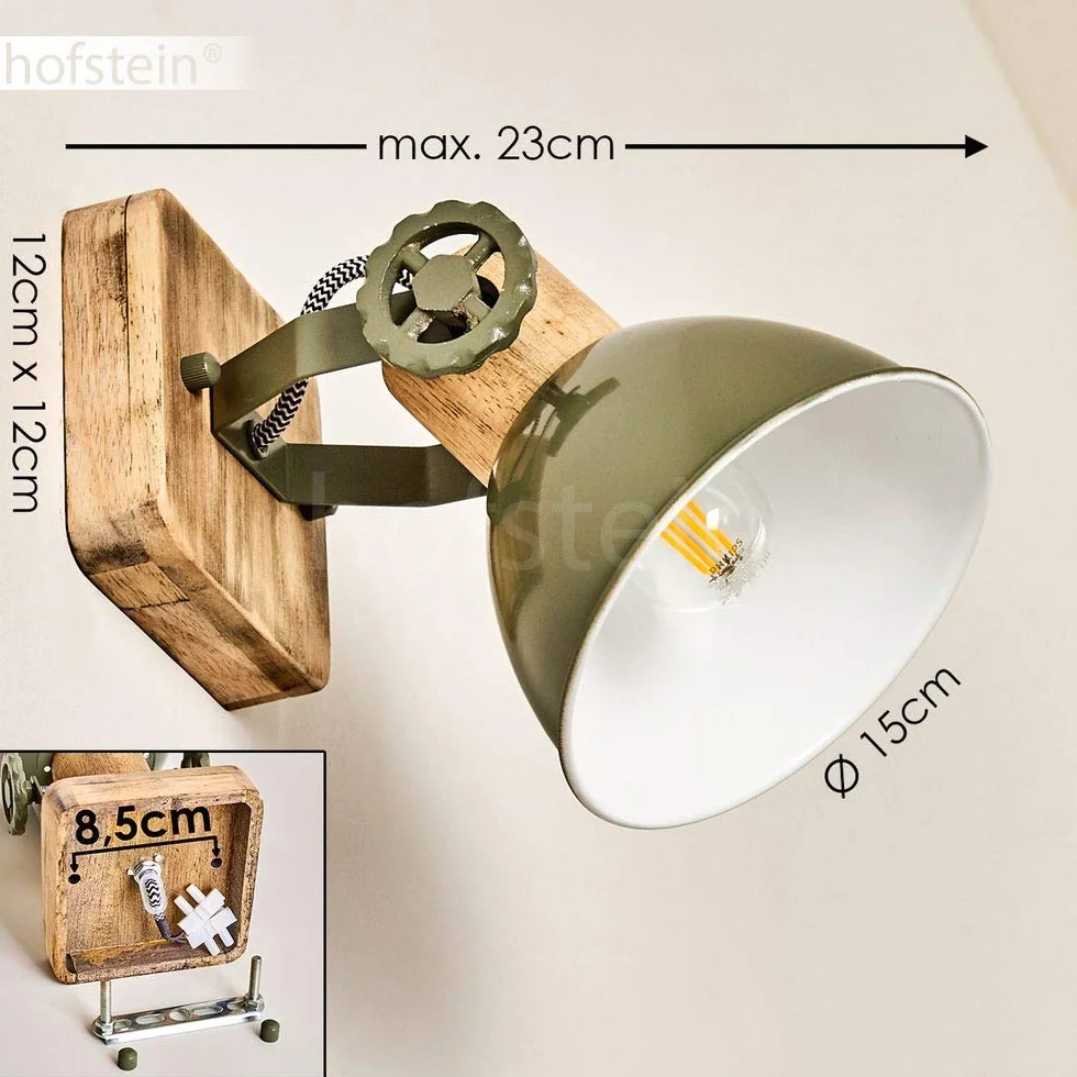 Lampada da parete Orny, lampada da parete regolabile in metallo/legno in verde/bianco/marrone, 1 luce, 1 attacco E27, spot da parete in design retro/vintage, senza lampadina/e