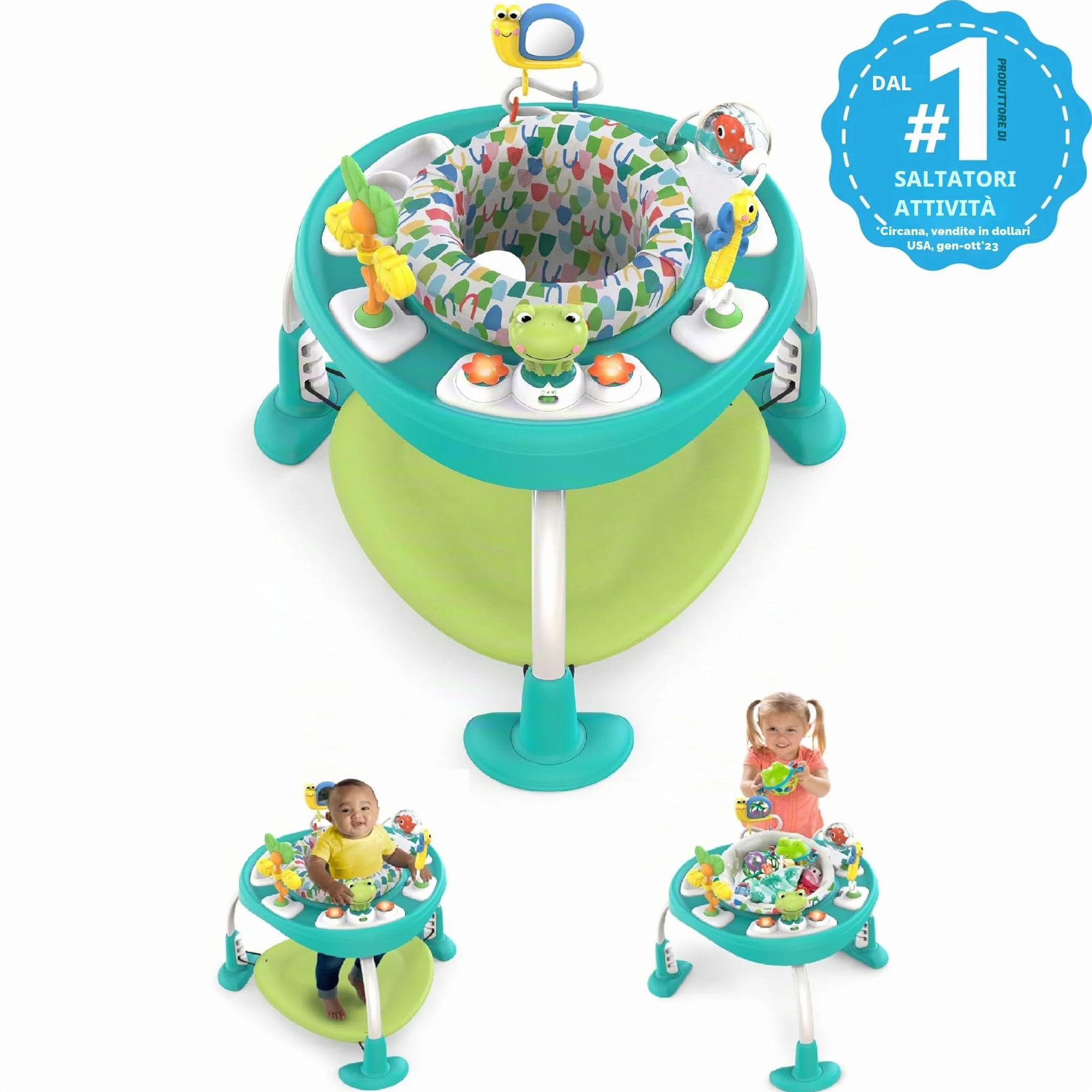 Bright Starts Centro Attività Tavolo 2in1 Bounce Bounce Playful Pond 7 Giocattoli Interattivi Suoni Musica Altezza Regolabile Seduta Ruotabile 360° Verde 6 Mesi+