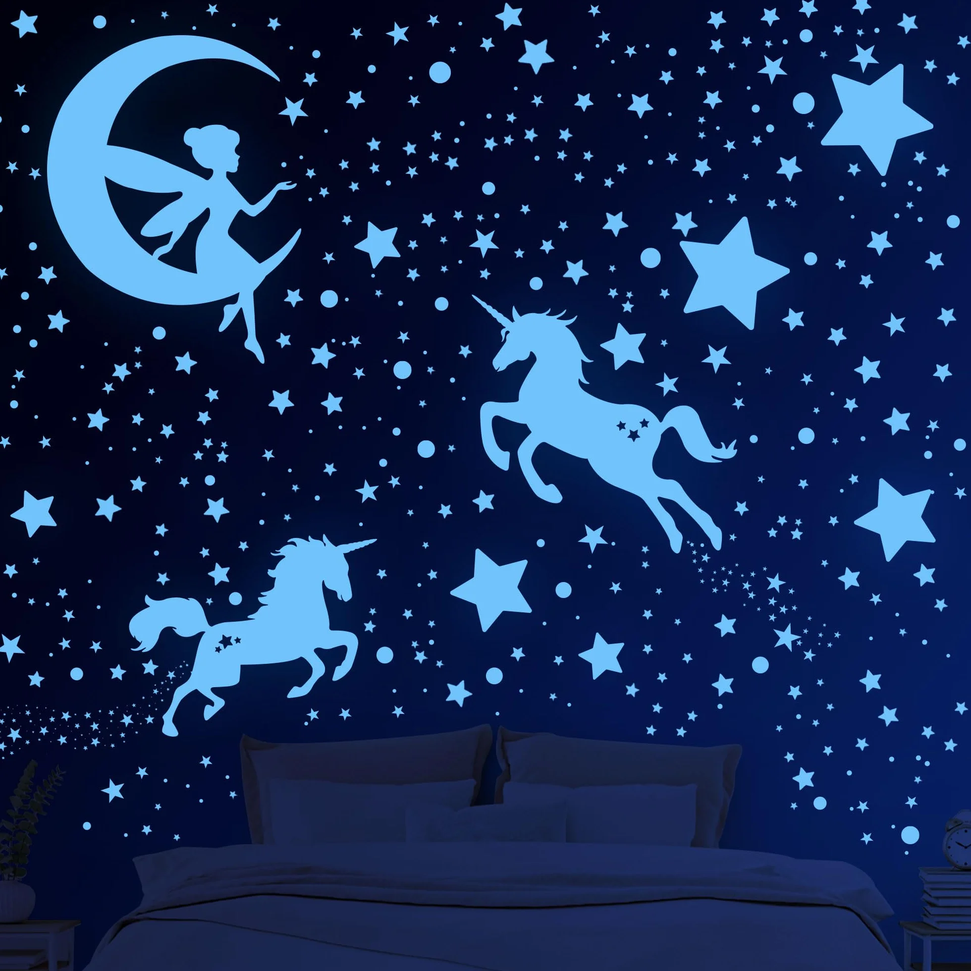 Adesivi Murali Fluorescenti Unicorno Stelle 585 Pezzi per Cameretta Bambine Soggiorno
