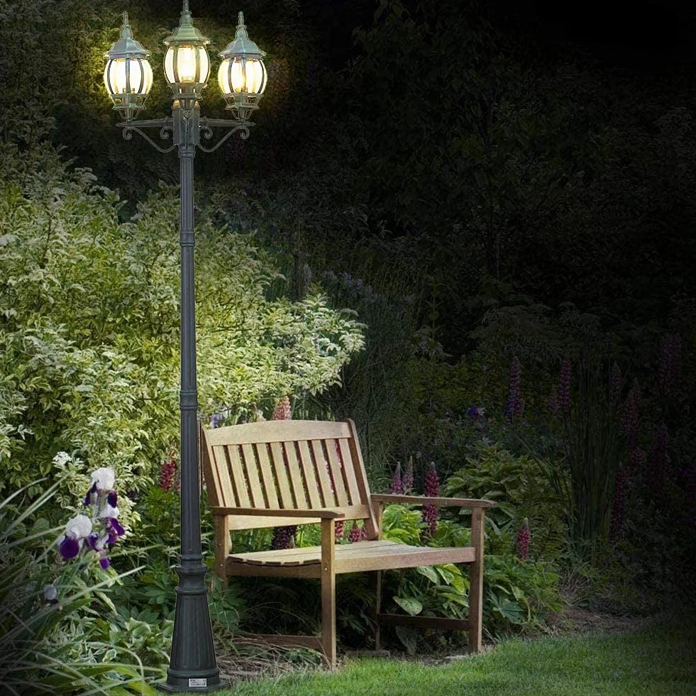 BAKAJI Lampione Vittoriano Classico da Giardino in Alluminio Lampada Lanterna Colore Grigio Finitura Anticata Verde Bronzo IP44 E27 (3 Luci 200 cm)