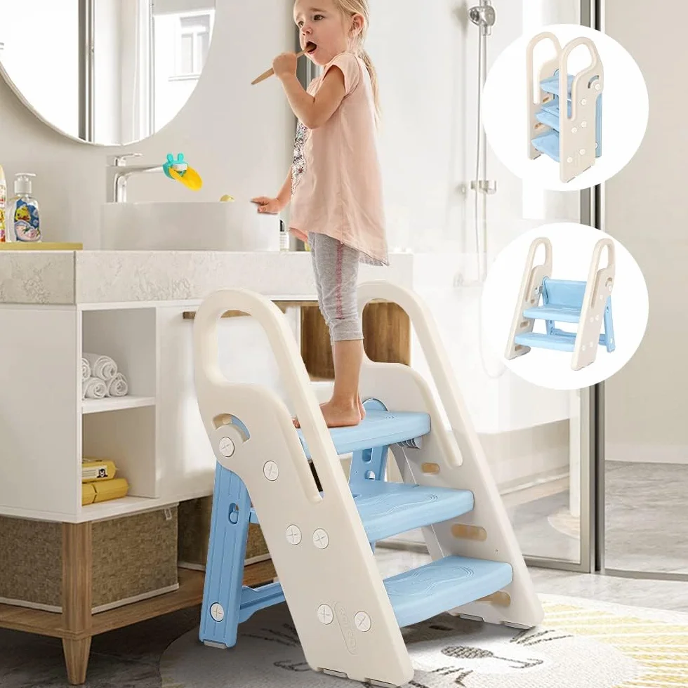 Onasti Sgabello a tre gradini pieghevoli per bambini, Scaletta 3 gradini, Sedile per Addestramento WC, Multifunzione, Regolabile in Altezza, Antiscivolo (Blu)