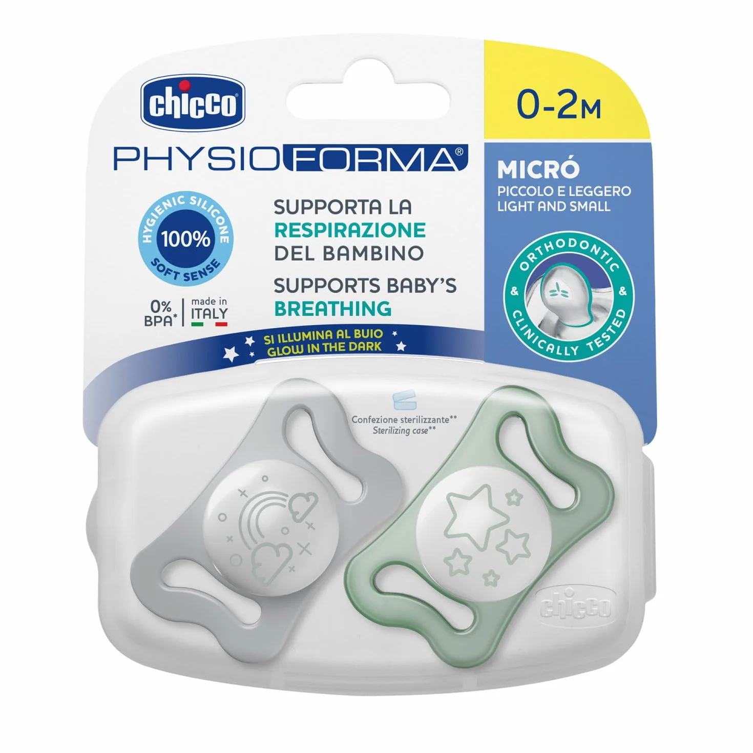 Chicco PhysioForma Micrò Lumi, Succhietto Luminescente per Neonato, 0-2 Mesi, 2 Pezzi, Neutro