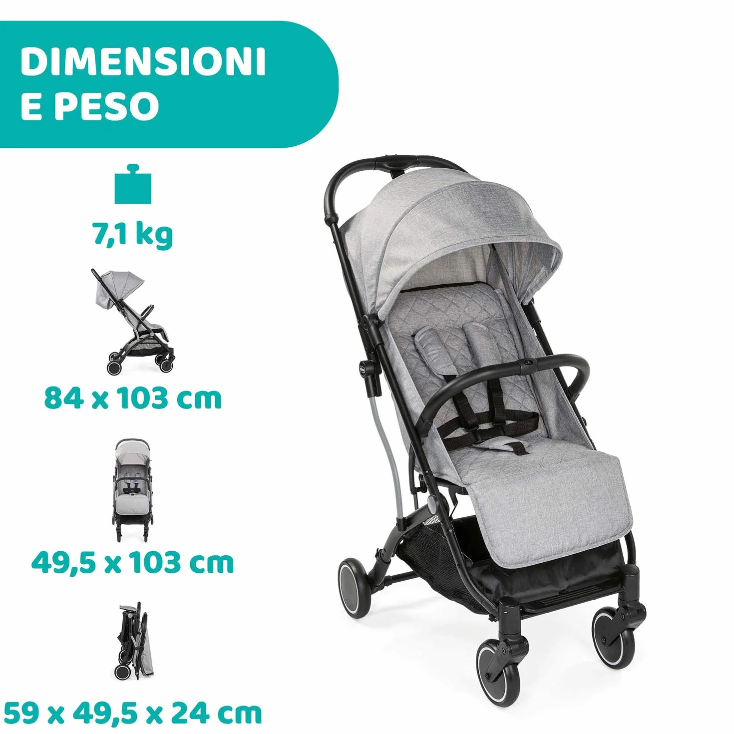 Chicco Trolley Me Passeggino Leggero Reclinabile Pieghevole 0-15 kg Chiusura Compatta Parapioggia Cappottina Estendibile Light Grey