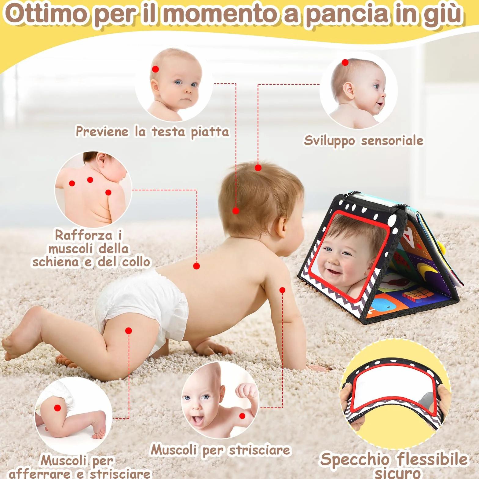 Giochi Montessori Neonato 0 3 6 12 Mesi, Libro Sensoriale con Specchio, Tummy Time Morbidi di attività Giocattoli Educativi Interattivo Regali