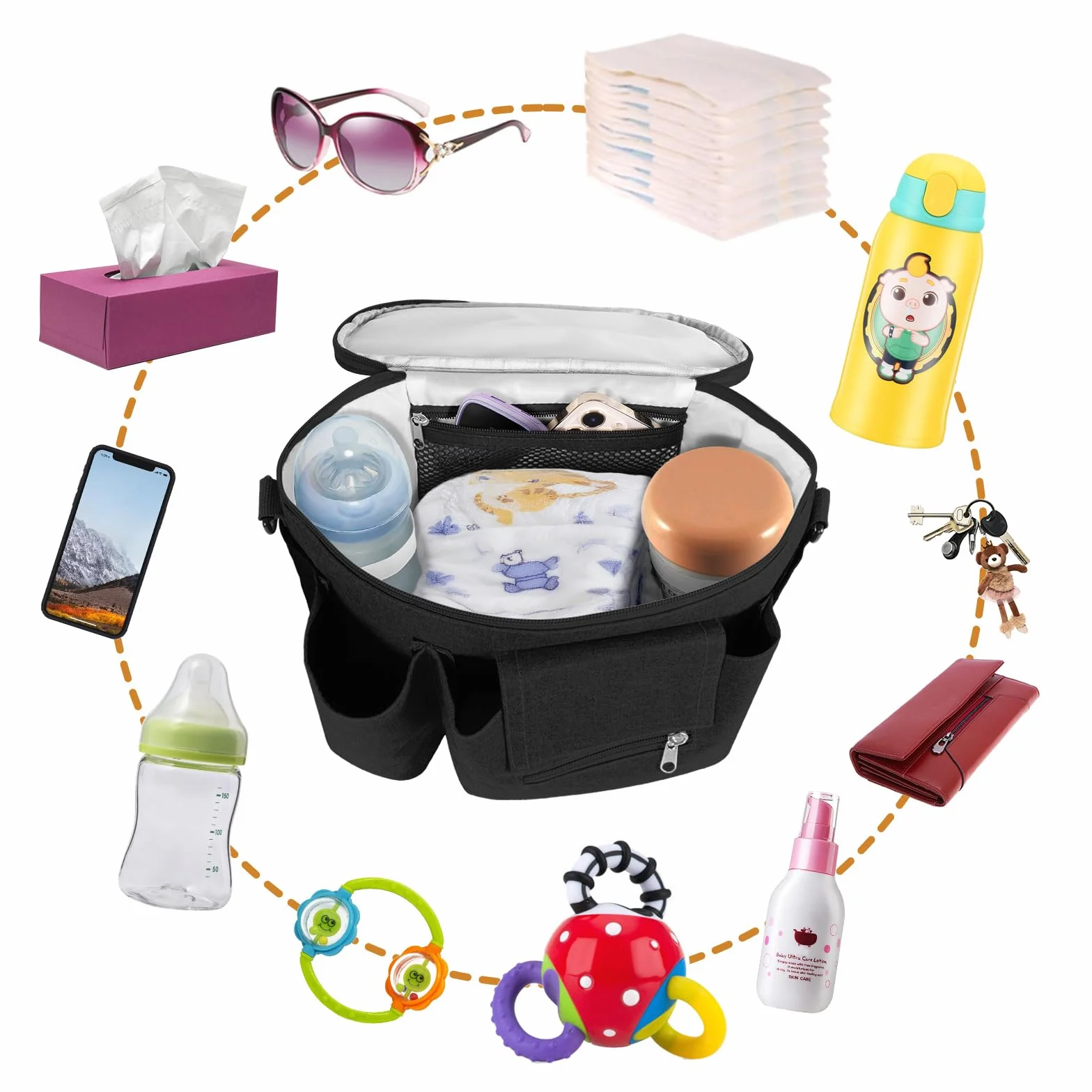 HOTUT Borsa Passeggino Organizer con Tasca Telefono Touch Screen, Multifunzione Borsa Cambio Neonato Tracolla Regolabile per Pannolini Salviette Biberon