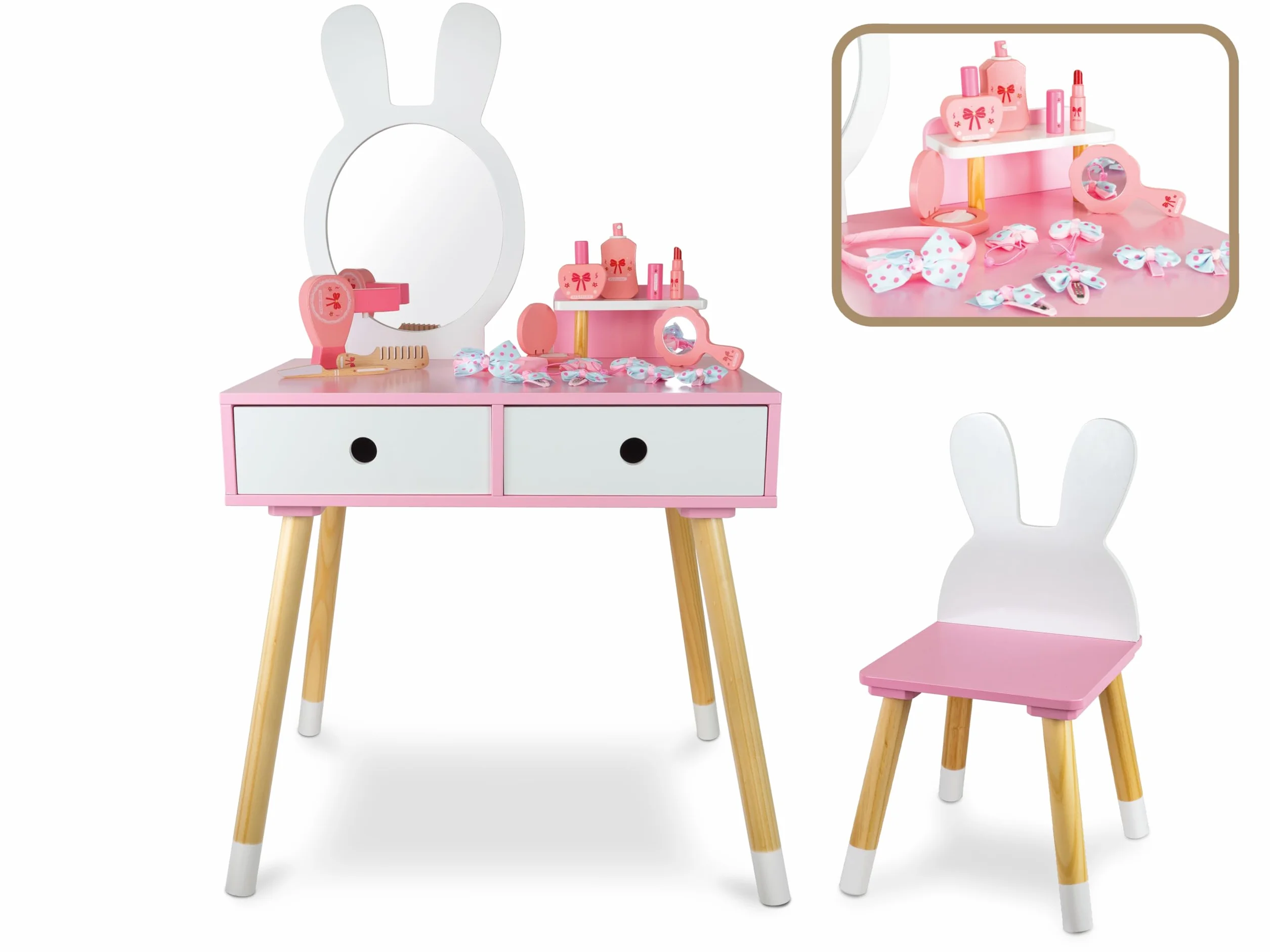 Teorema Giocattoli Postazione Trucco Bambina Grande Toeletta Legno Coniglietta Sgabello Specchio Accessori Make Up Cameretta