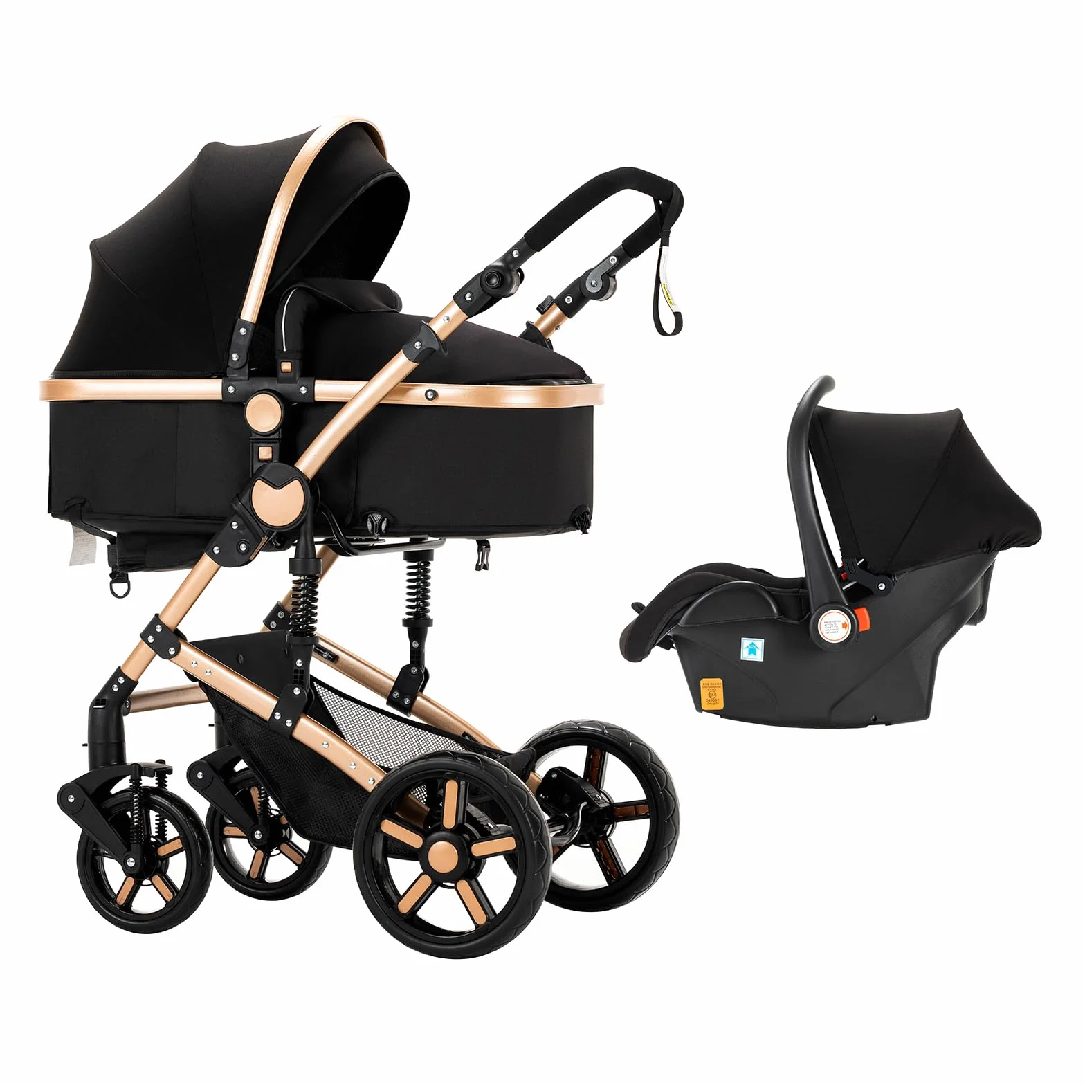 Magic ZC Passeggino Trio 3 in 1 per Neonati con Design Portatile Pieghevole Un Clic, Spinta Reversibile a Due Vie, Black Gold