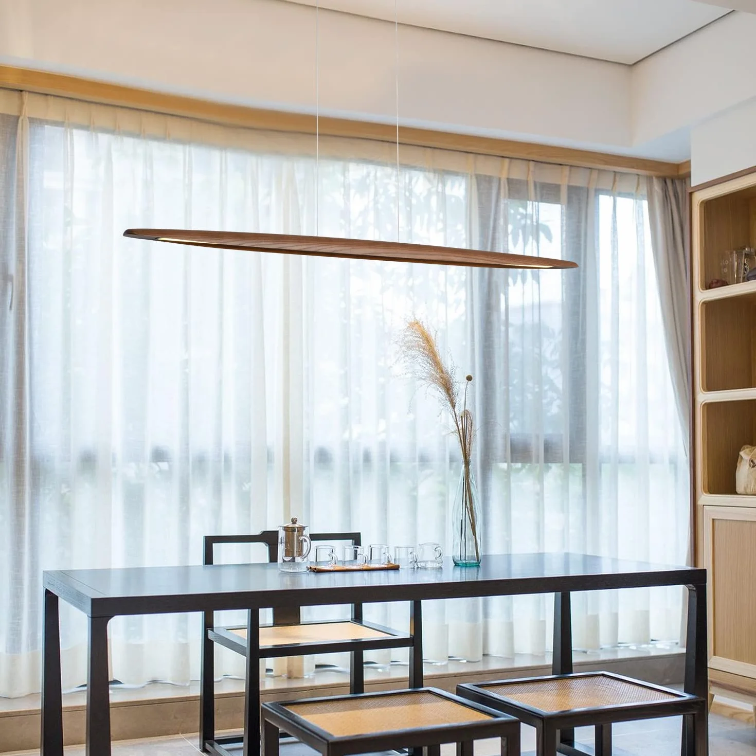 YISDESIGN Lampada a sospensione lineare in legno da 180,3 cm, per sala da pranzo e isola, lampadario lineare a LED dimmerabile, 40 W, colore noce