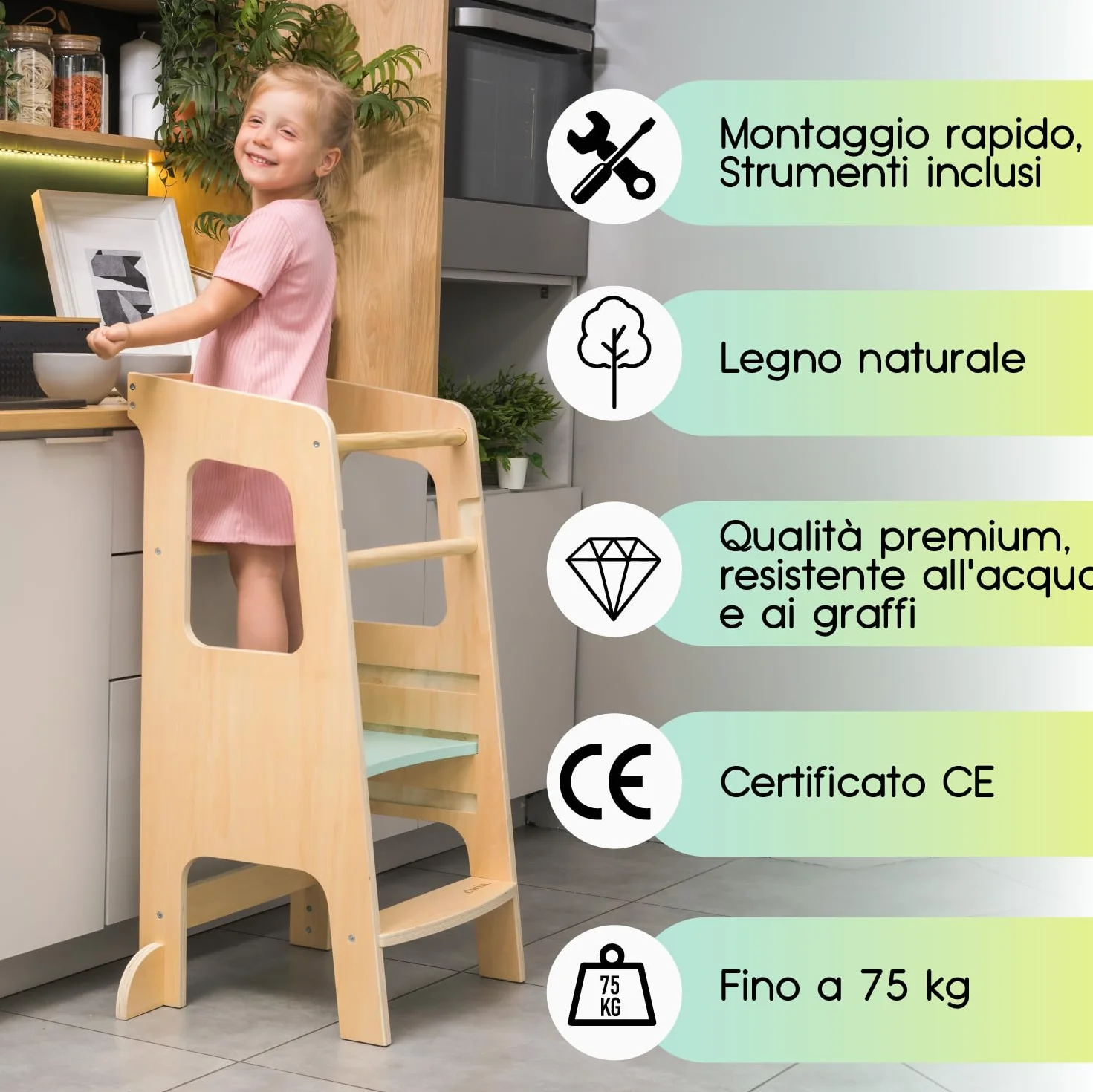 Torre Montessoriana bambini legno naturale 3 livelli Antiscivolo Anti ribaltamento Doppia barra sicurezza CE