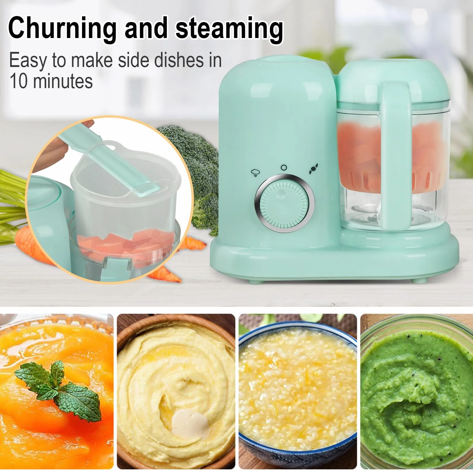 Robot multifunzione 4 in 1 per alimenti bambini, vaporizzatore, frullatore, scongelatore, riscaldatore (Verde)