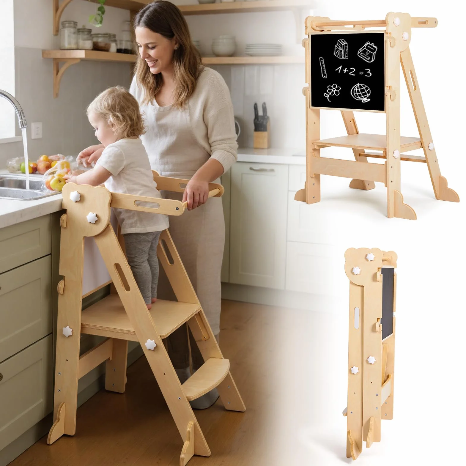 labebe Torre di apprendimento pieghevole 3 in 1 regolabile in altezza e larghezza per bambini da 1 anno