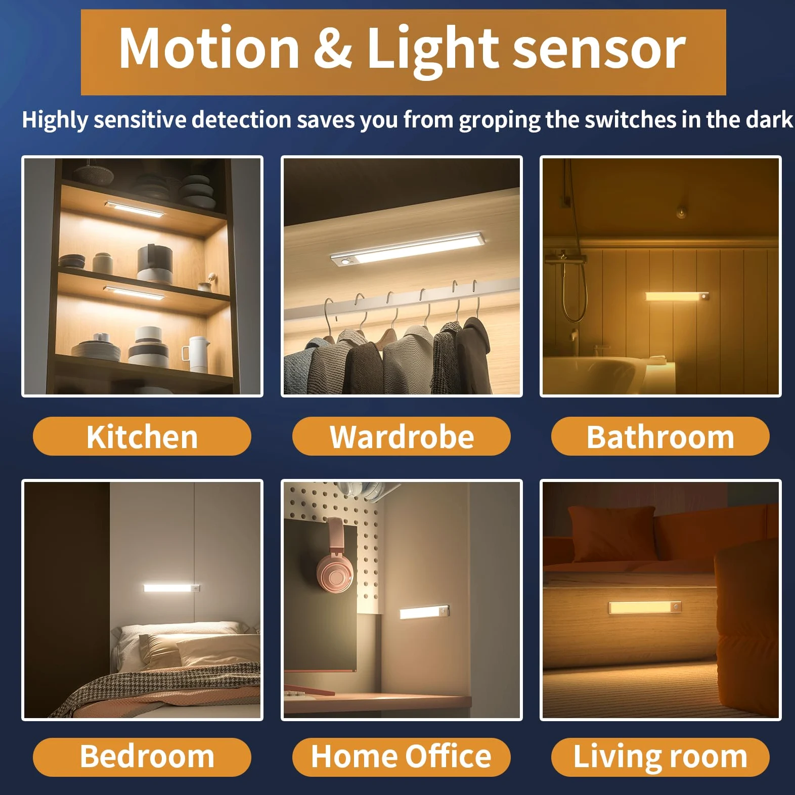 Luci sotto il mobile, 76 luci LED con sensore di movimento interno, 1500 mAh USB ricaricabili luci dell'armadio, confezione da 2 luci magnetiche regolabili per armadio, luci wireless