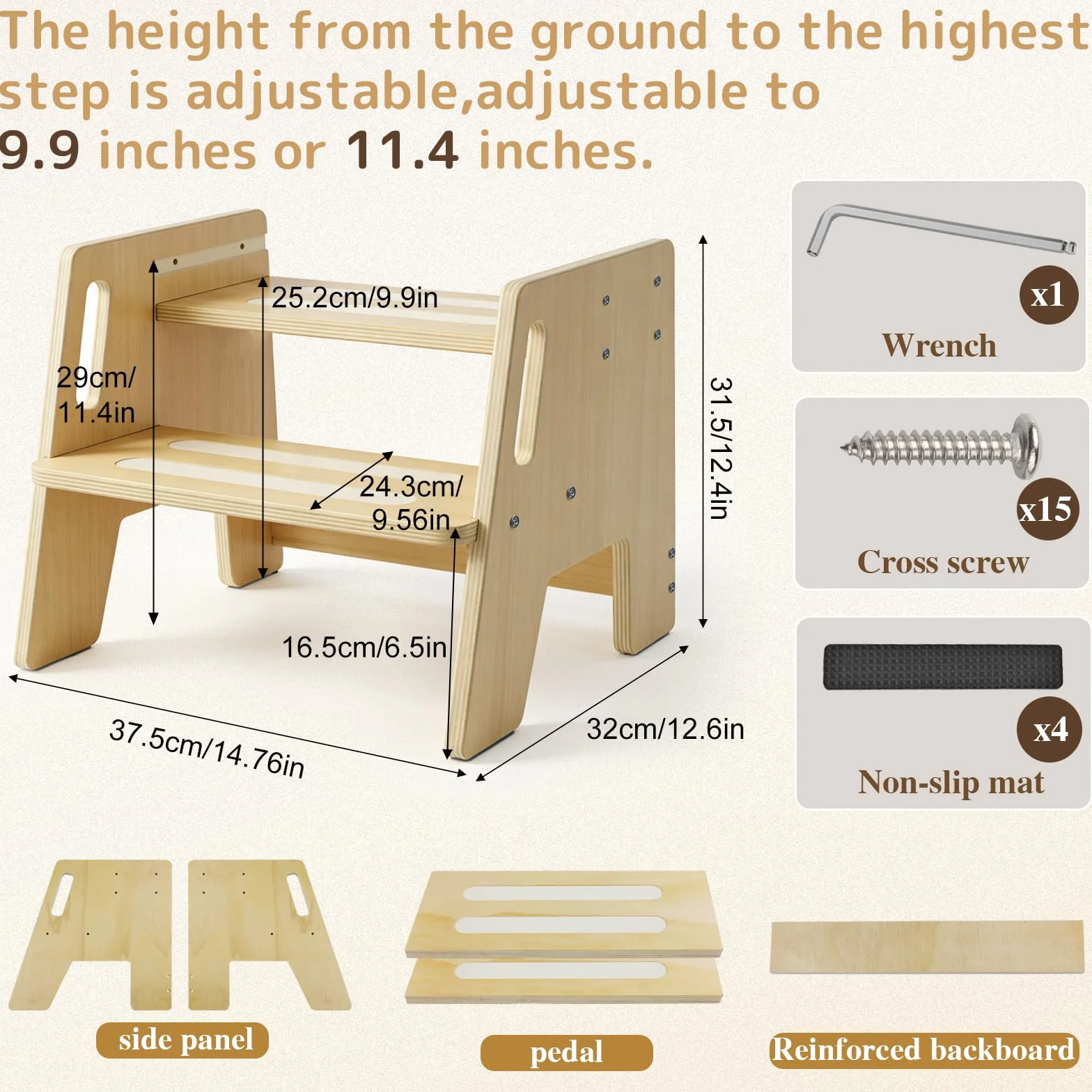 Sgabello in Legno per Bambini a 2 Gradini Regolabile Antiscivolo 150 kg
