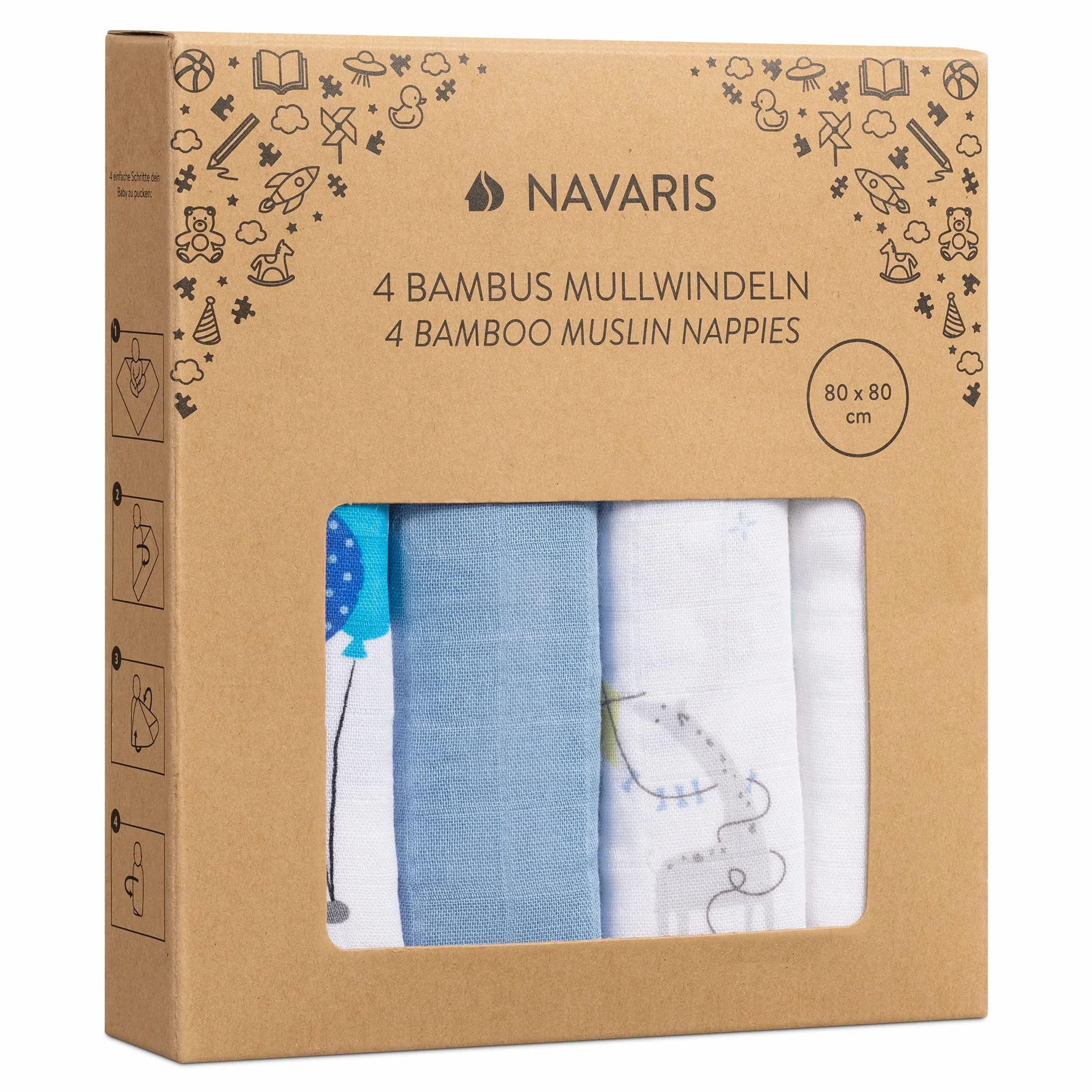 Navaris Set 4x Mussole per Neonato Misto Cotone e Viscosa Copertina 80x80cm Fascia per Allattamento Bianco Blu
