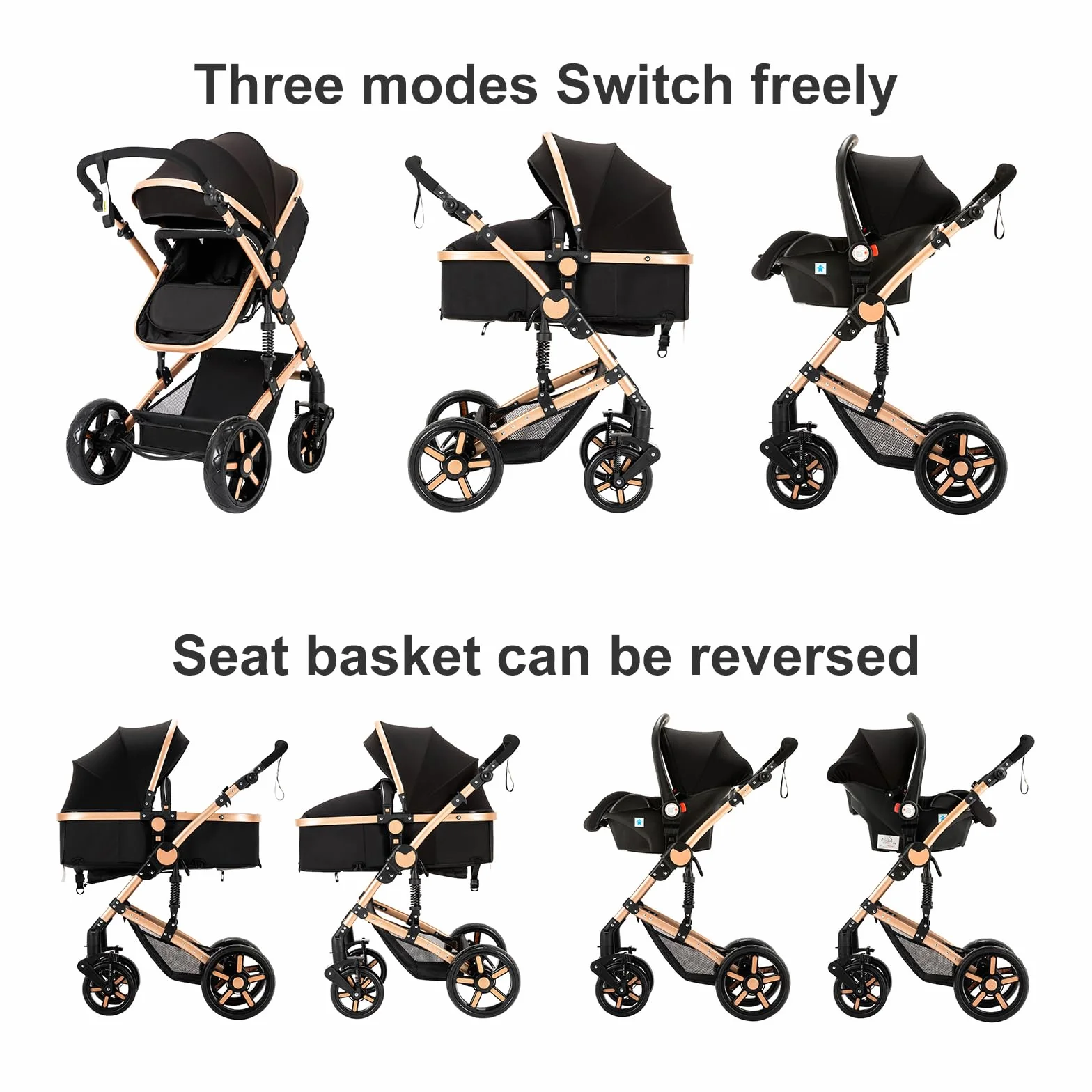 Passeggino Trio 3 in 1 Pieghevole con Telaio Alluminio (588 Black Gold)