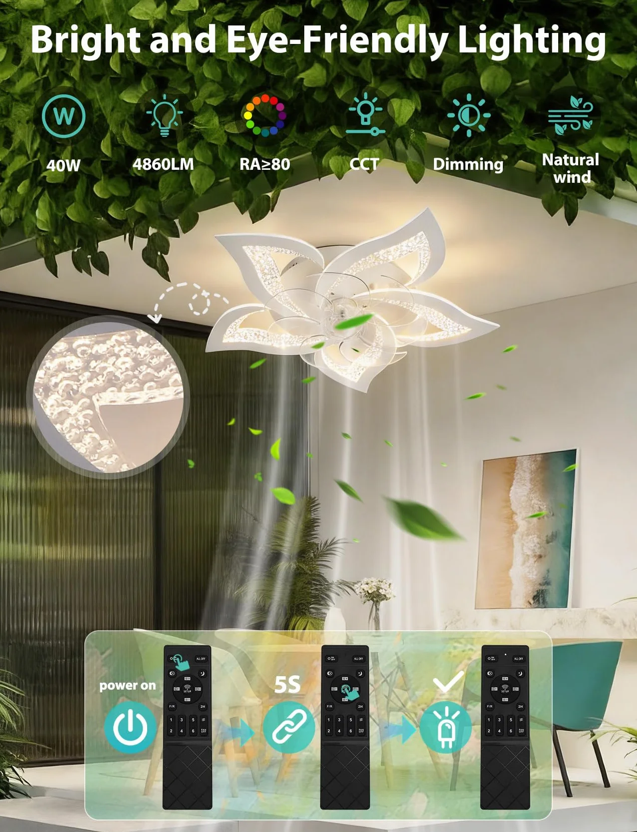 Aigostar Ventilatore da Soffitto con Luce e Telecomando Silenzioso Fiore - 40W Luce LED Regolabile 3000K-6500K, 16W Motor DC Reversibile, 6 Velocità con Timer per Casa (67cm, Bianco)