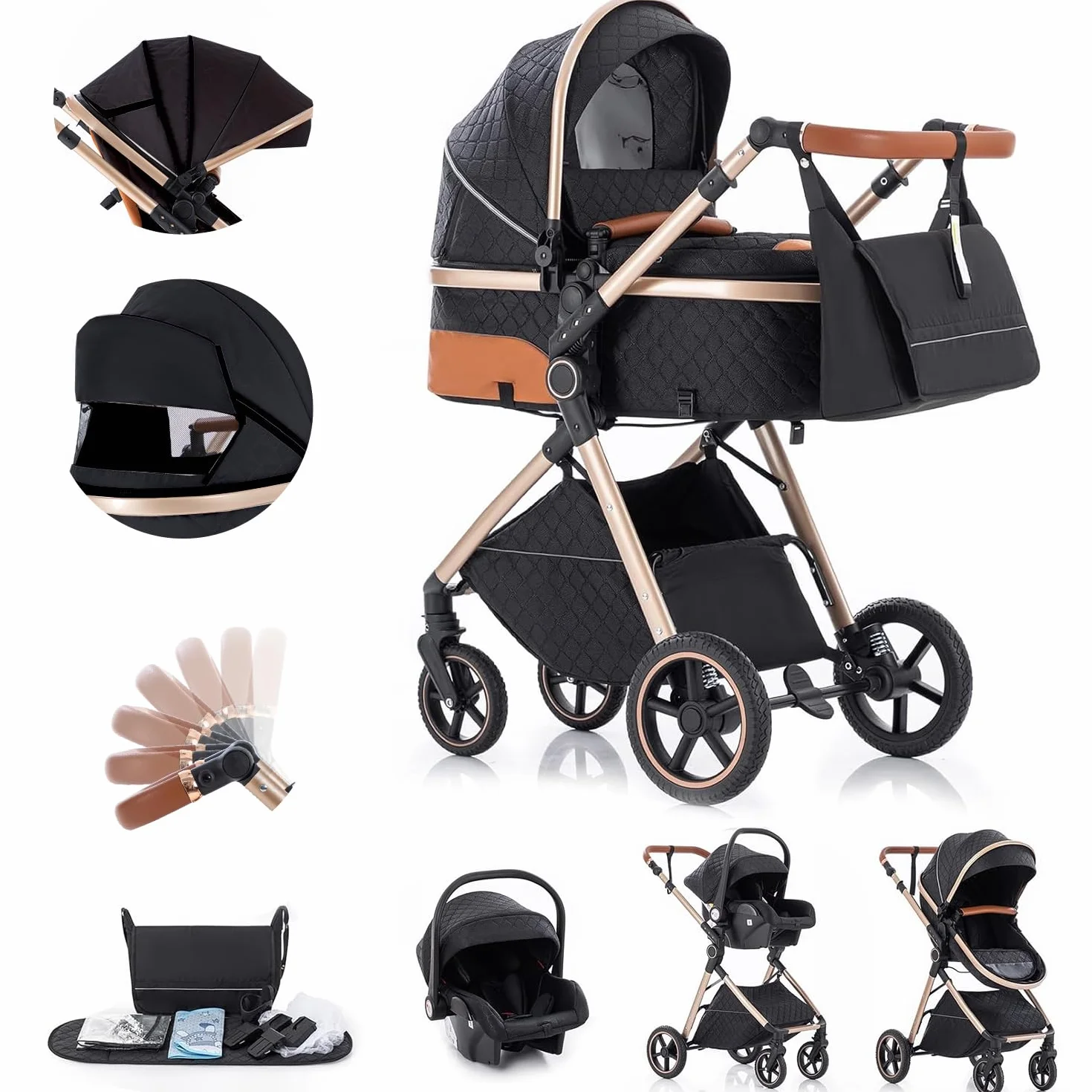Gcarebb Sistema da Viaggio 3 in 1, Passeggino con Telaio in Alluminio e Copertura Antipioggia