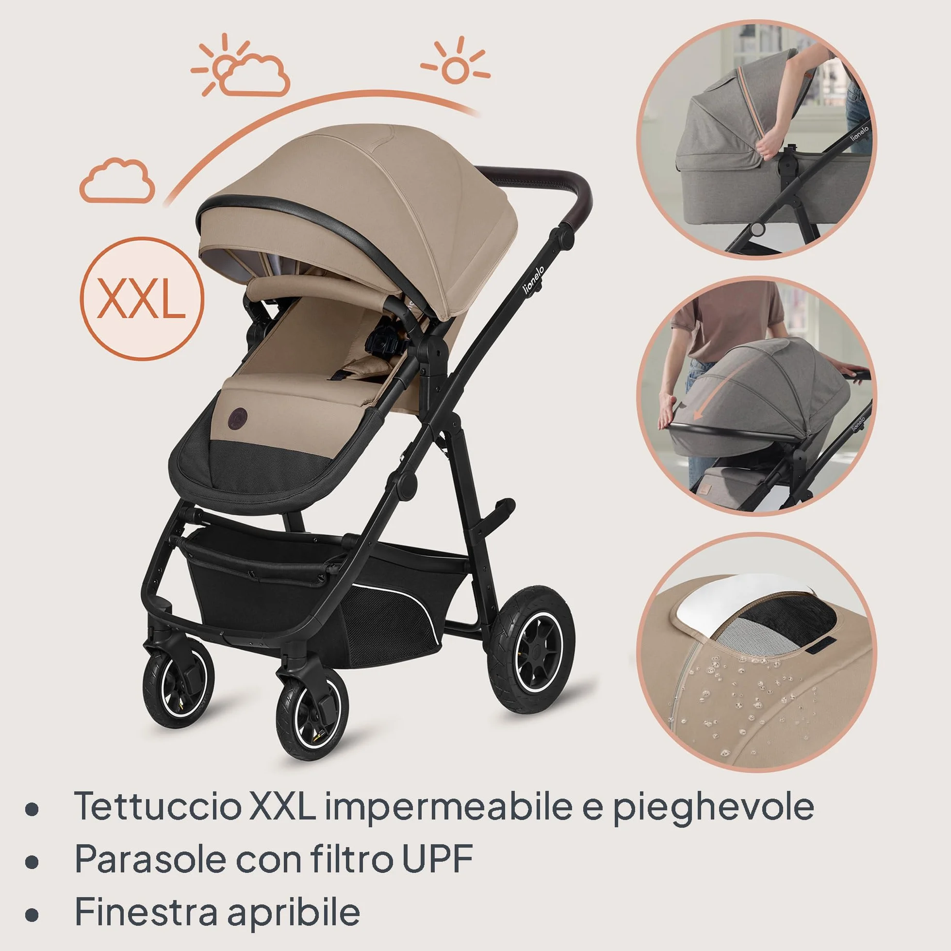 Passeggino 3 in 1 per Bambini 0-48 mesi, Sistema Modulare con Seduta, Navicella, Ovetto Neonato, Leggero, Pieghevole, Ruote Grandi, Cappottina XXL UPF50+