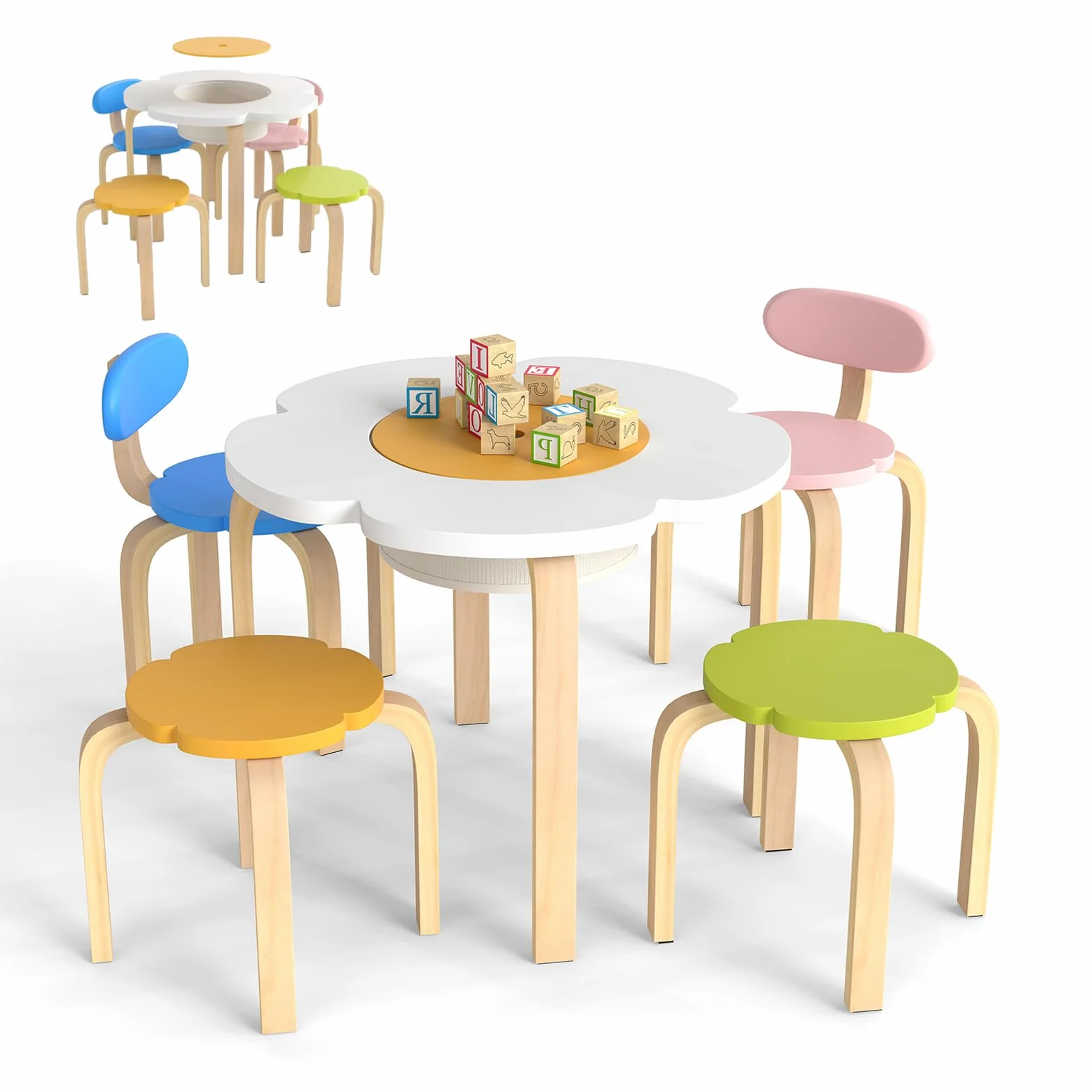 RELAX4LIFE Set Tavolo e Sedie per Bambini 5 Pezzi, Tavolo Attività in Legno a Forma di Fiore con 2 Sedie e 2 Sgabelli