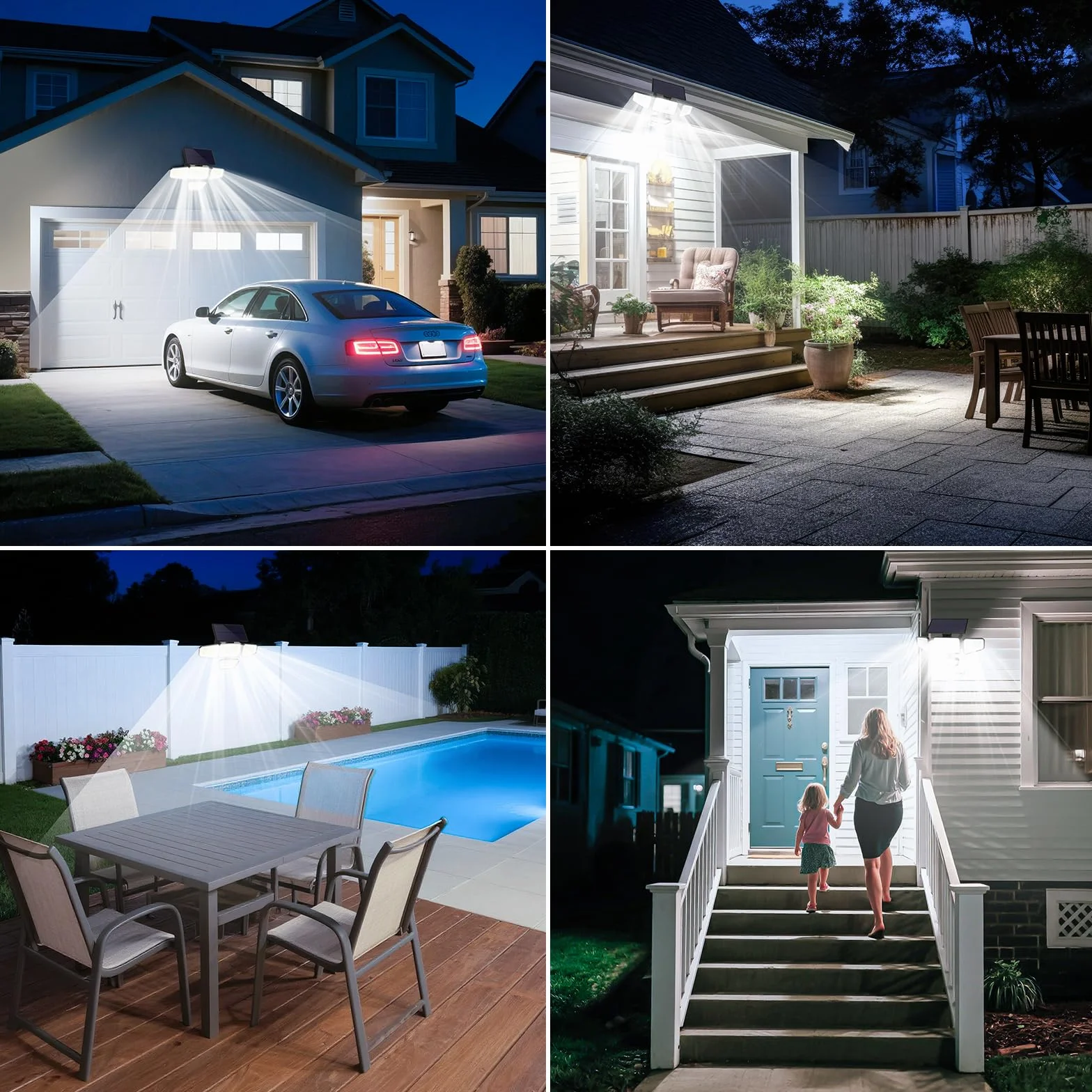Peasur 2 Pezzi Faretto Led da Esterno Solare, 318 LED Luce Solare con Sensore di Movimento, 4 Testa 3 Modes Impermeabile Faretti Solari, Luci Solari per Giardino Garage Parete