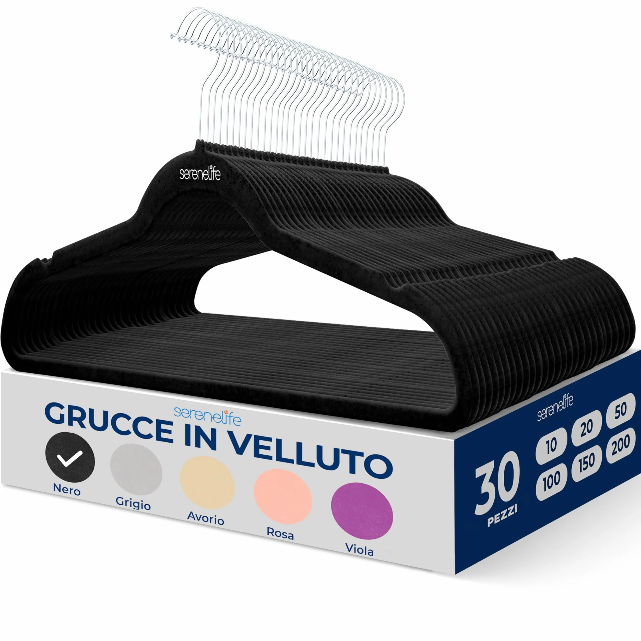 SereneLife Grucce Appendiabiti Antiscivolo in Velluto, 30 Stampelle Armadio, Set con Gancio Ruotabile 360°