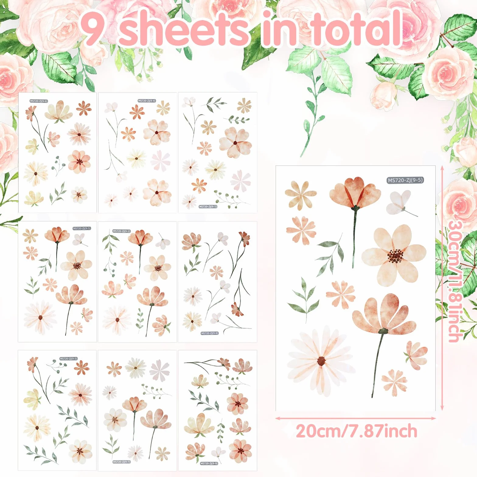 Boho Adesivi Murali Floreali 9 fogli con fiori, piccoli motivi piante per cameretta ragazze