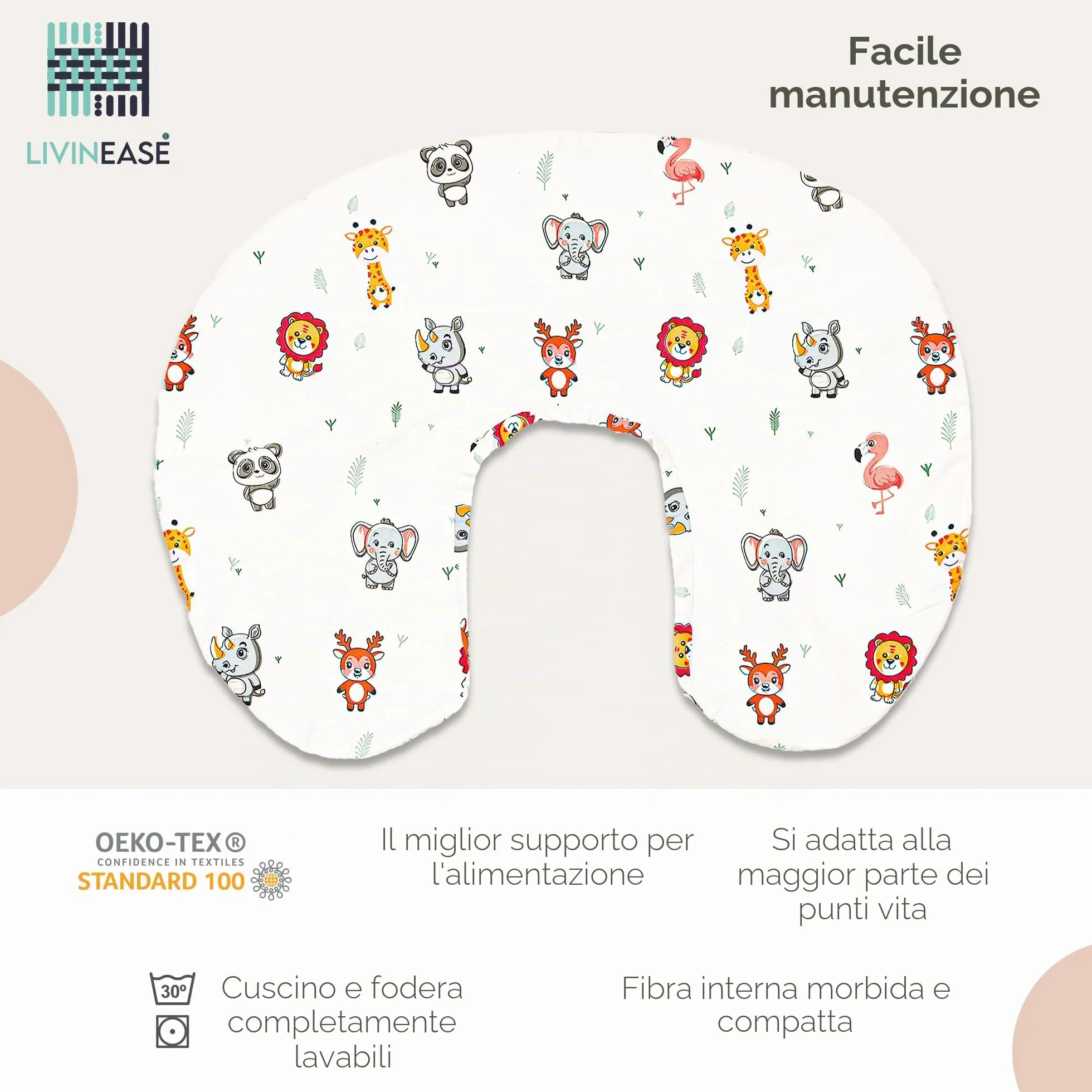 LivinEase Fodera per Cuscino da Allattamento Rimovibile 100% Cotone per Neonati