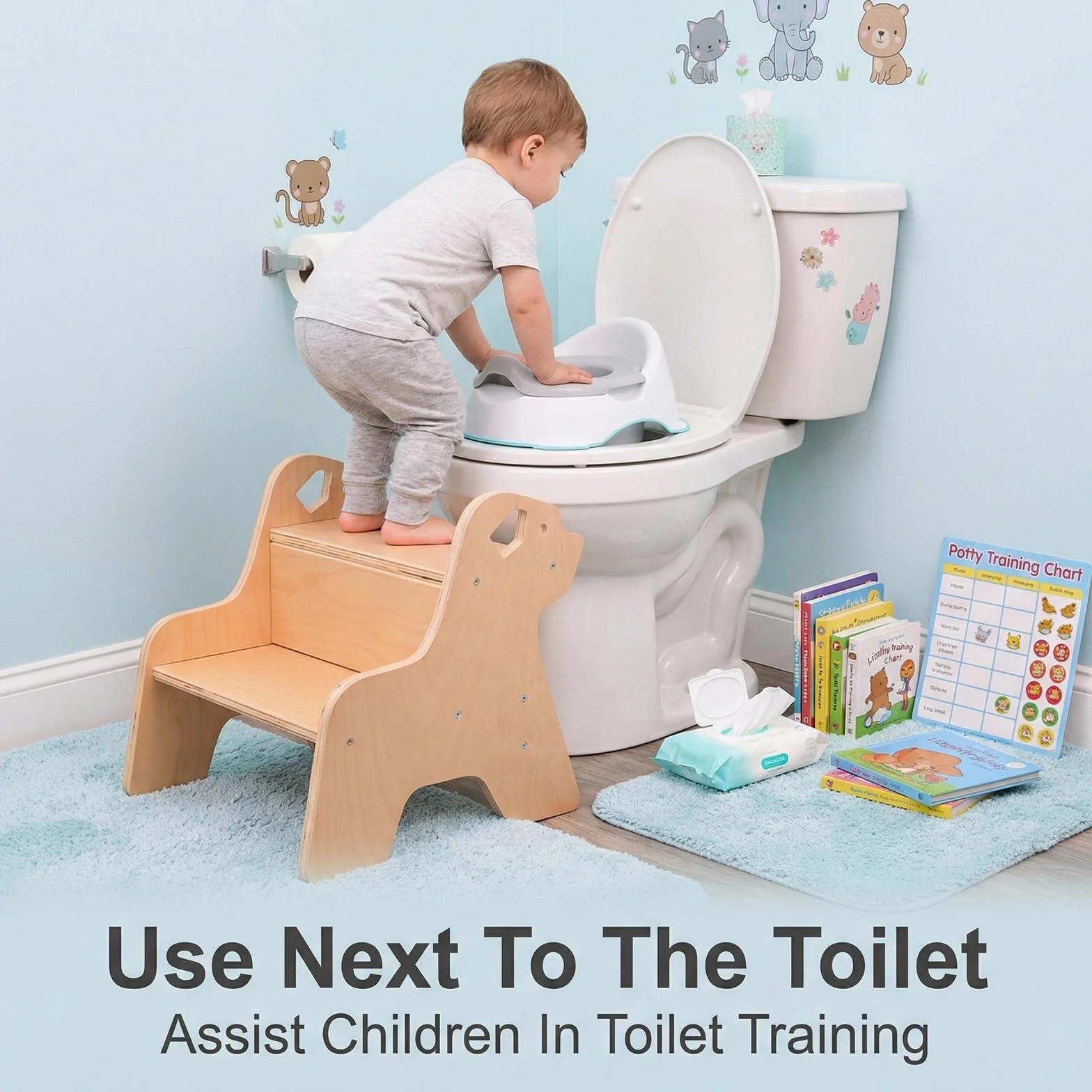 Sgabello a 2 Livelli per Bambini in Legno con Maniglia, Robusto Gradino per Cucina Bagno Cameretta