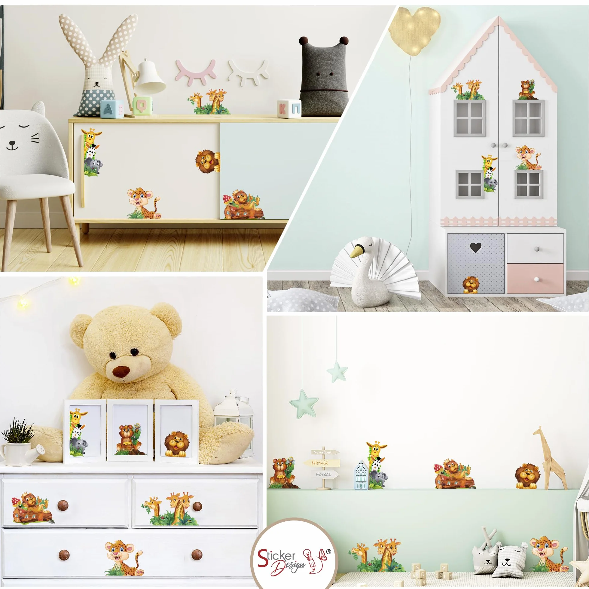 Adesivi Animaletti della savana Wall Stickers 6 pezzi Giraffe Leone Orsetto Elefantino Zebra decorativi Cameretta