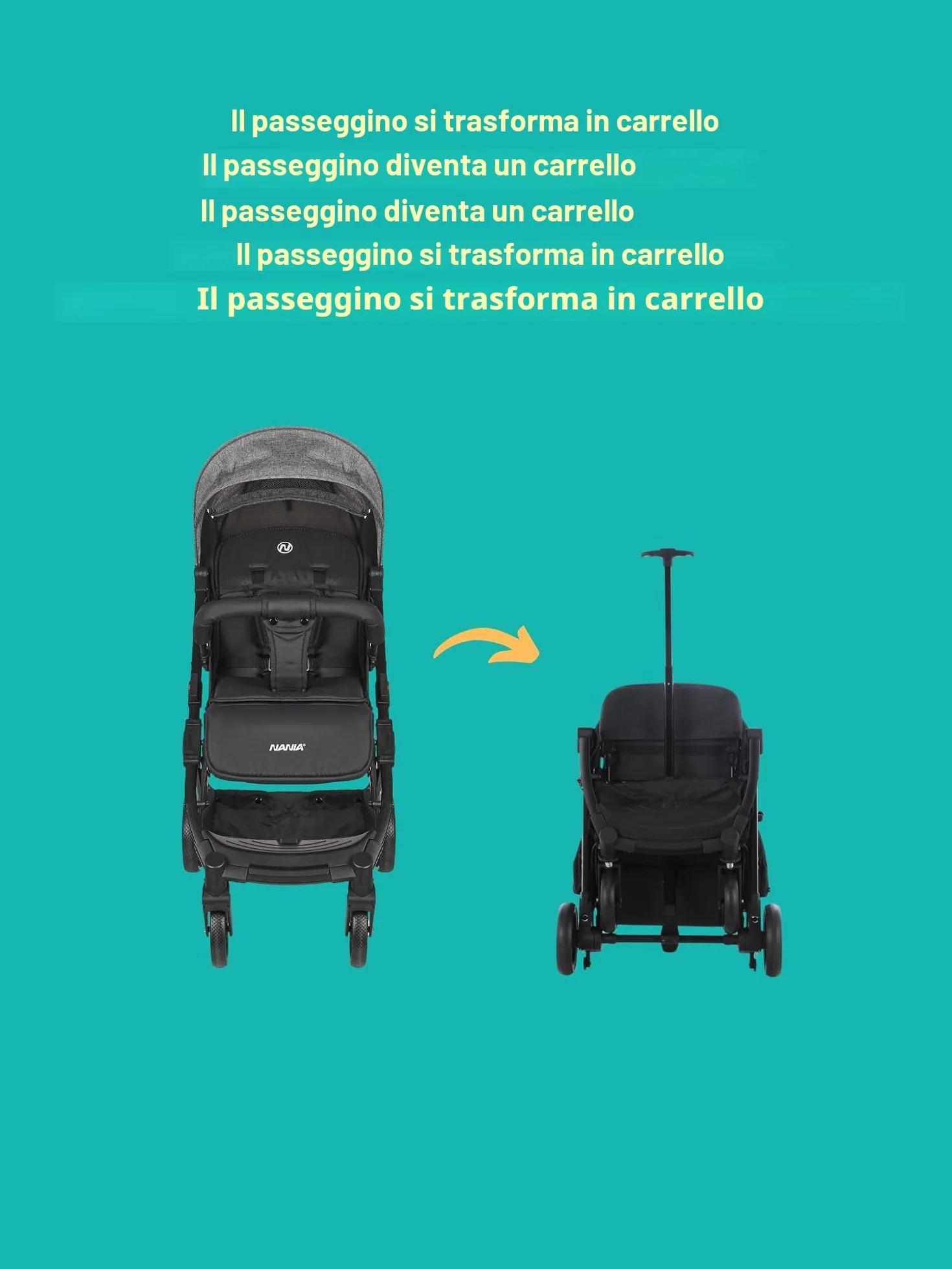Nania Myla passeggino compatto 0-4 anni 22 kg leggero 7,5 kg reclinabile una mano trolley
