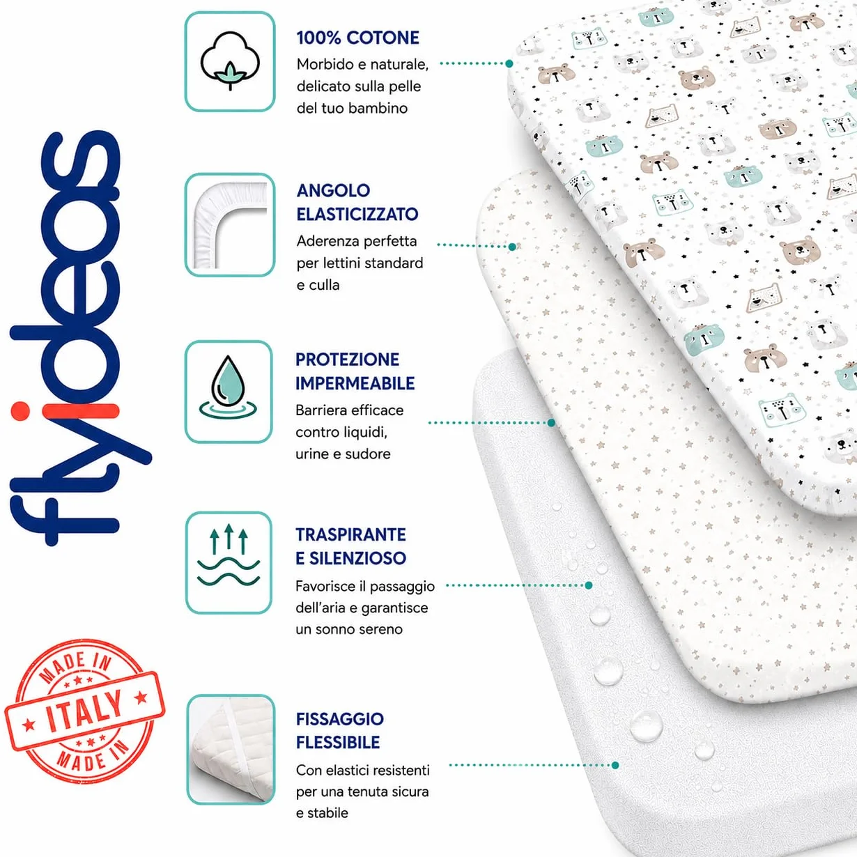 FlyIdeas Set 2 Lenzuola per Next to Me 50x83 cm 100% Cotone Coprimaterasso Impermeabile Made in Italy