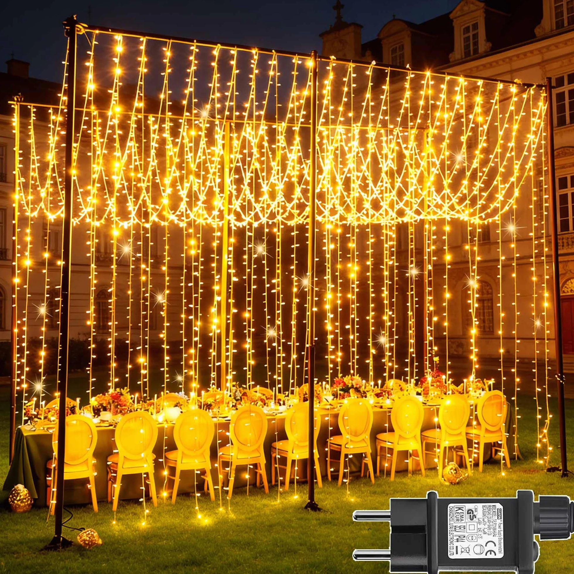 Joycome Tenda Luminosa Esterno, 6x3m 600 LED Cascata Luci con Spina, 8 Modalità Luci a Tenda per Esterno, Impermeabile Decorazioni Luminose per Giardino Balcone Vetrina Matrimonio - Bianco Caldo