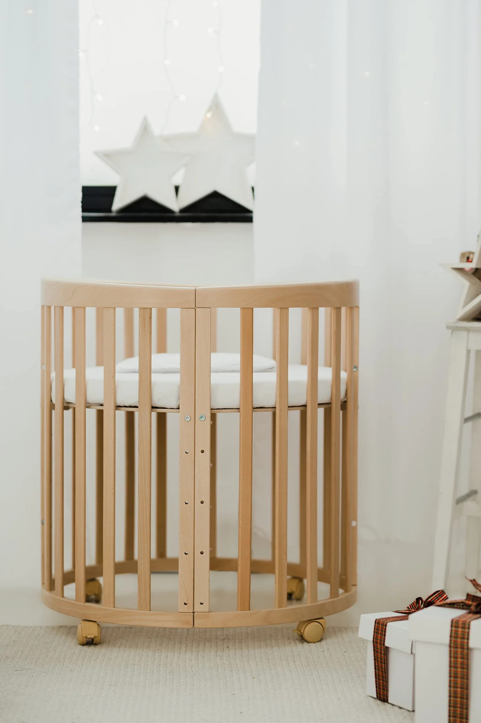 Waldin Lettino Mobile 7in1 Ovale Materasso Culla Espandibile Ventilato Base Regolabile 5 Posizioni Legno Naturale
