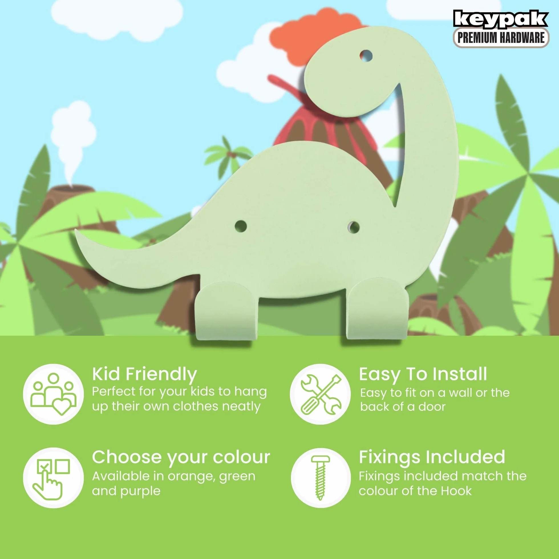 Keypak Ganci doppi a forma di dinosauro, metallo decorativi per porta e parete, camera da letto, fissaggi inclusi (verde)